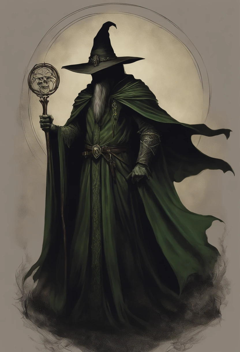 Crie um desenho aterrorizante de um bruxo bruxo. This wizard is a being of darkness, his face is skeletal, com olhos afundados e sem pupila, apenas uma chama ardente. Their skin is stretched like parchment and covered in mysterious runes that seem to move. on the headpiece, He wears a wide-brimmed hat, cujas sombras escondem seu rosto, e pingando dele pingando com cera derretida, as if the hat were a lit candle. His torn black cloak seems to be made of living shadows that stretch to infinity. The wizard holds a twisted staff with a human skull at the end, e um escuro, viscous substance oozes from the skull. Around it is a circle of candles that burn in green flames and exude a sulfurous smell. The background is dark and full of sinister shadows.