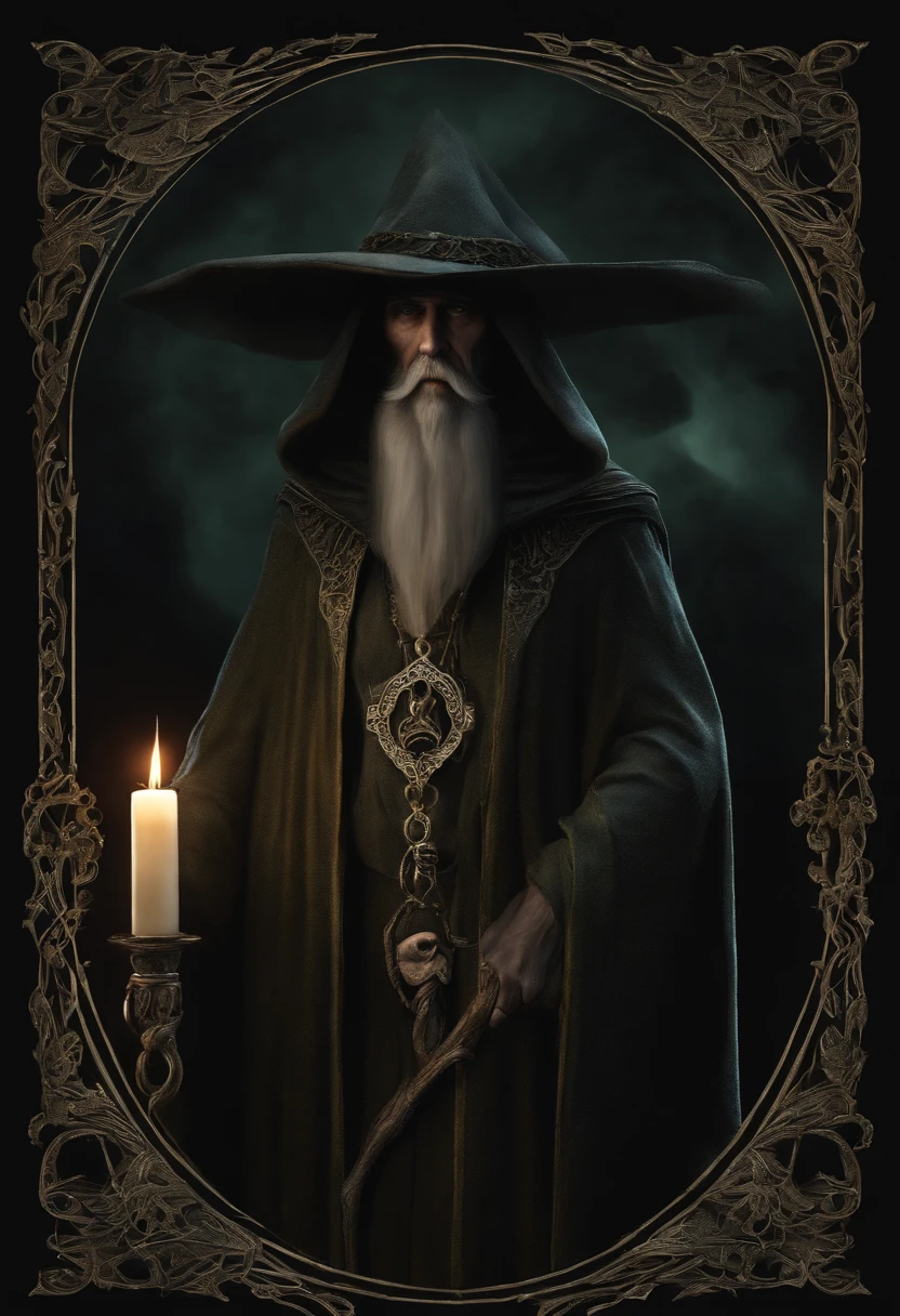 Crie um desenho aterrorizante de um bruxo bruxo. This wizard is a being of darkness, his face is skeletal, com olhos afundados e sem pupila, apenas uma chama ardente. Their skin is stretched like parchment and covered in mysterious runes that seem to move. on the headpiece, He wears a wide-brimmed hat, cujas sombras escondem seu rosto, e pingando dele pingando com cera derretida, as if the hat were a lit candle. His torn black cloak seems to be made of living shadows that stretch to infinity. The wizard holds a twisted staff with a human skull at the end, e um escuro, viscous substance oozes from the skull. Around it is a circle of candles that burn in green flames and exude a sulfurous smell. The background is dark and full of sinister shadows.