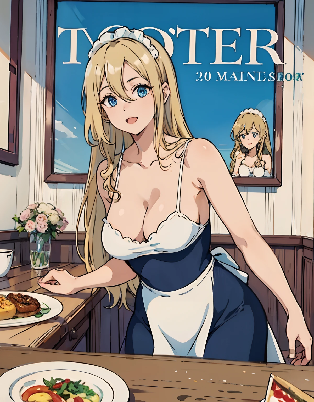 (Best Quality, Masterpiece),sexy mommy, Front cover of a women's cooking magazine,naked, erotic, 18+, nsfw, 1girl, 30 years old, stunning, cute, smile, hourglass figure, Maid costume, beautiful food, text, diagrams, advertisements, magazine title, long blonde hair,blue detailed sparkling eyes,One strand of hair hangs down over his forehead