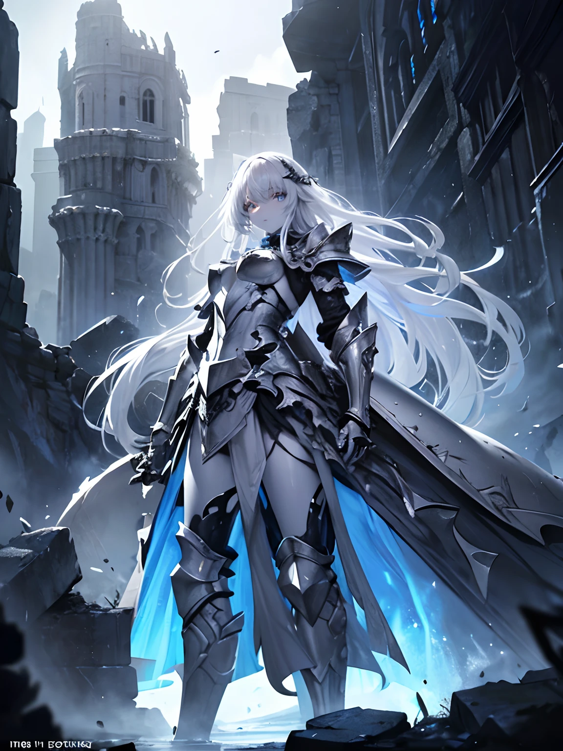 (Masterpiece, Best quality, ultra high resolution),1girl,(colored skin, white skin), silver skin,very long hair,beautiful and detailed face, detailed eyes,armor,dress,armored dress,in the ancient ruin,in the cave,night,((grey and blue theme)), looking at viewer