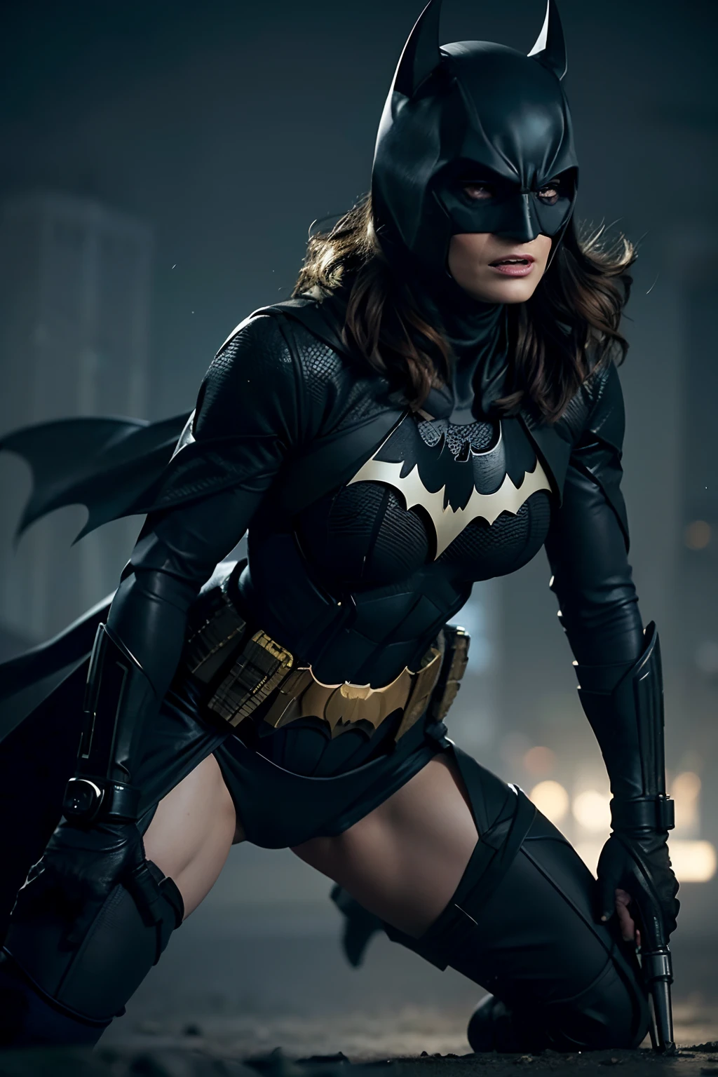 ((Stana Katic as Batman holding a Batarang)), wearing Batman armor with cape, (dynamic pose), defined muscles, red hair, athletic build, tight costume, very beautiful, ((sexy, small natural breast, cleavage, nippin)), (highly detailed skin: 1.2), serious face, beautiful face, highly detailed skin, skin pores, (highly detailed face:1.1), (highly detailed eyes:1.1), realistic pupils, full face blush, full lips, (perfect anatomy:1.1), (perfect proportions:1.1), (photography:1.1), (photorealistic:1.1), volumetric lighting, dynamic lighting, real shadows, (highres:1.1), sharp focus, (realistic, hyperrealistic:1.4), intricate, high detail, dramatic, subsurface scattering, vivid, polished, sharpened, 35mm, 8k, (((Night photography, Gotham city background)