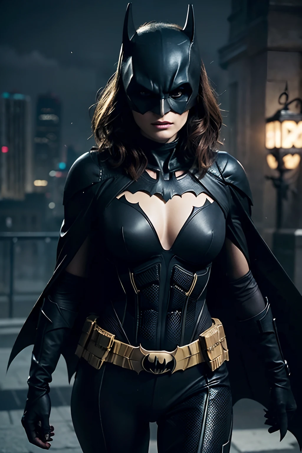 ((Stana Katic as Batman holding a Batarang)), wearing Batman armor with cape, (dynamic pose), defined muscles, red hair, athletic build, tight costume, very beautiful, ((sexy, small natural breast, cleavage, nippin)), (highly detailed skin: 1.2), serious face, beautiful face, highly detailed skin, skin pores, (highly detailed face:1.1), (highly detailed eyes:1.1), realistic pupils, full face blush, full lips, (perfect anatomy:1.1), (perfect proportions:1.1), (photography:1.1), (photorealistic:1.1), volumetric lighting, dynamic lighting, real shadows, (highres:1.1), sharp focus, (realistic, hyperrealistic:1.4), intricate, high detail, dramatic, subsurface scattering, vivid, polished, sharpened, 35mm, 8k, (((Night photography, Gotham city background)