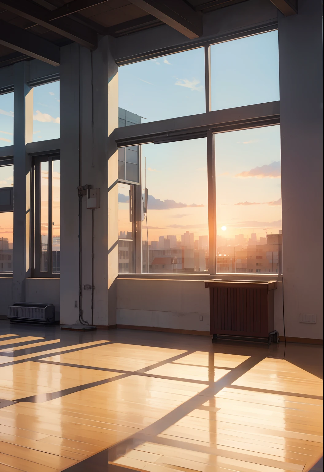 Background: school gym. Sunset window. No characters. Background only.