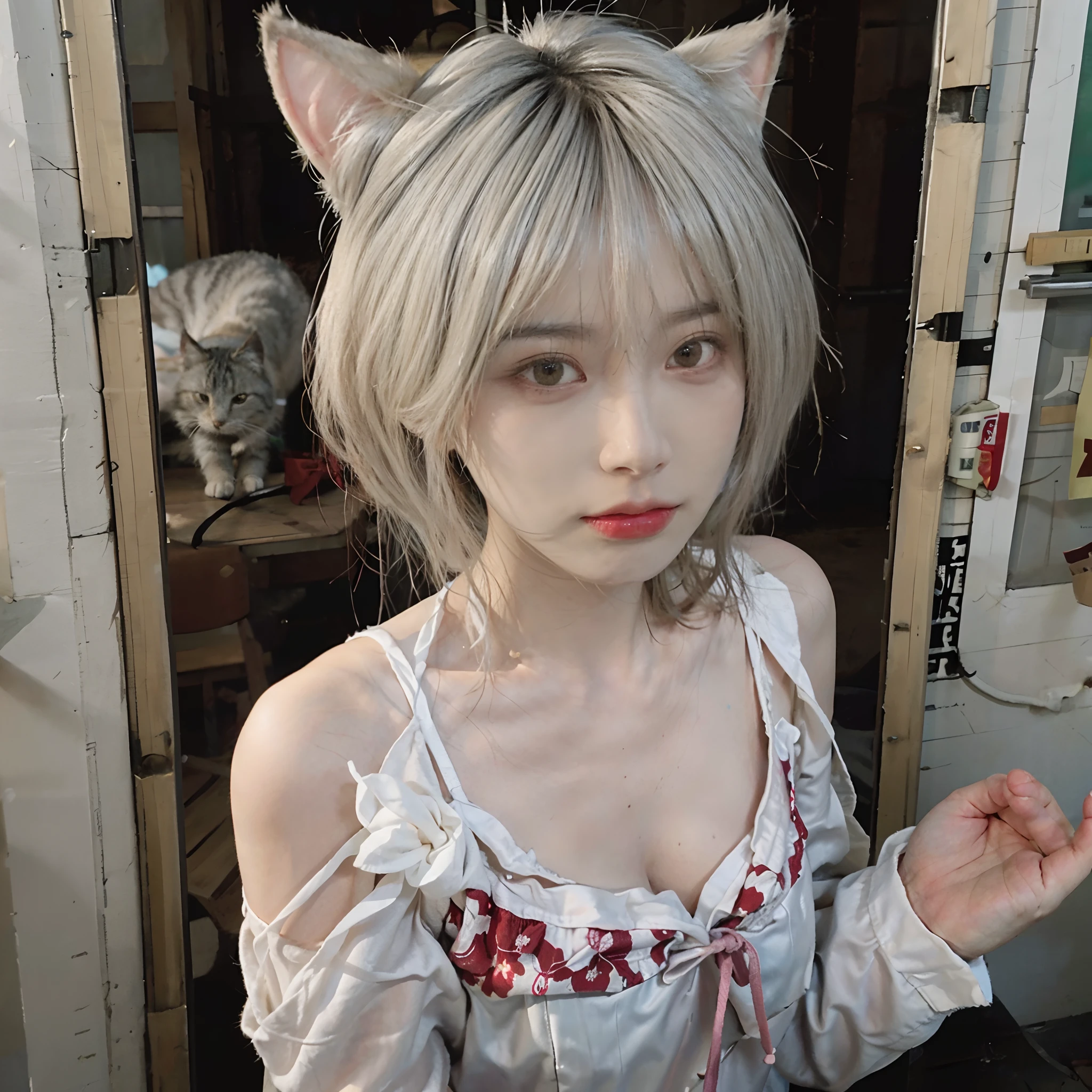 8K,NSFW、Eyes meet through the mirror、(whitish hair) 、undersized head、White hair、Best Quality, masutepiece, Ultra High Resolution, (Realism: 1.4), Original photo, Colors inspired by red、(True skin texture: 1.3), (Film grain: 1.3), Beautiful eyes and face details, masutepiece, Best Quality, close up, Full body, Look at the viewer,Red Ribbon、Bob cut with gray hair、18year old、White cat ears