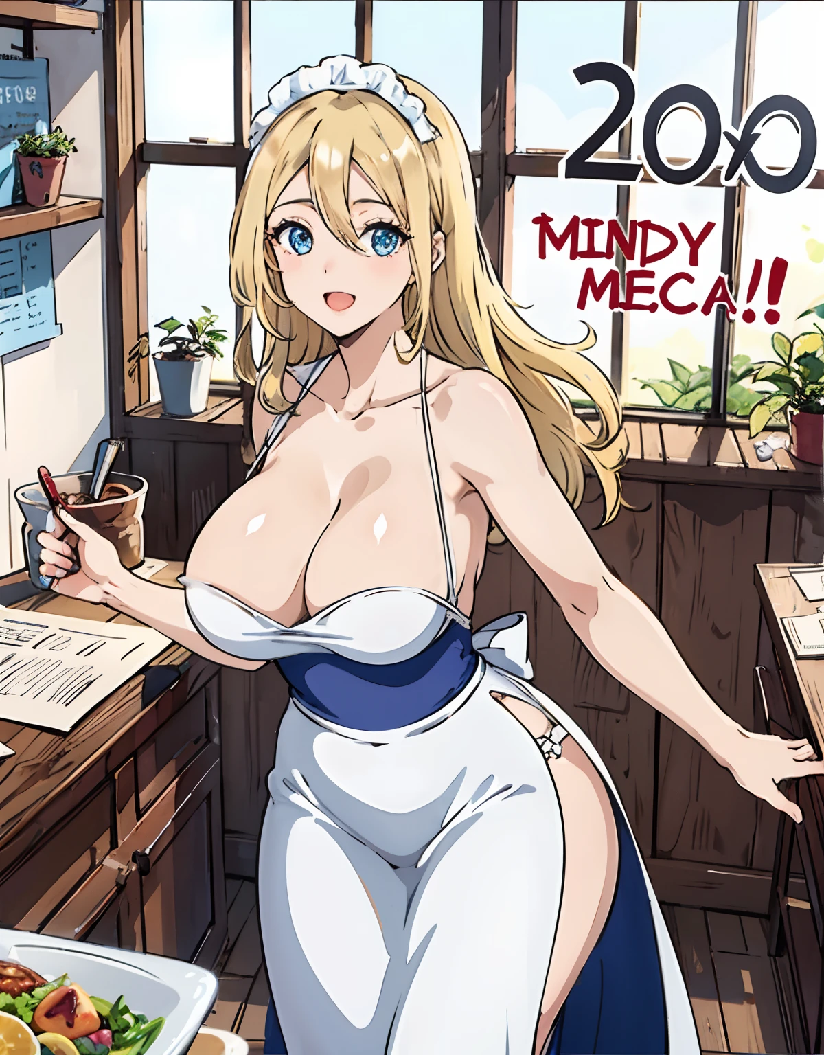 (Best Quality, Masterpiece),sexy mommy, Front cover of a women's cooking magazine,naked, erotic, 18+, nsfw, 1girl, 30 years old, stunning, cute, smile, hourglass figure, Maid costume, beautiful food, text, diagrams, advertisements, magazine title, long blonde hair,blue detailed sparkling eyes,One strand of hair hangs down over his forehead