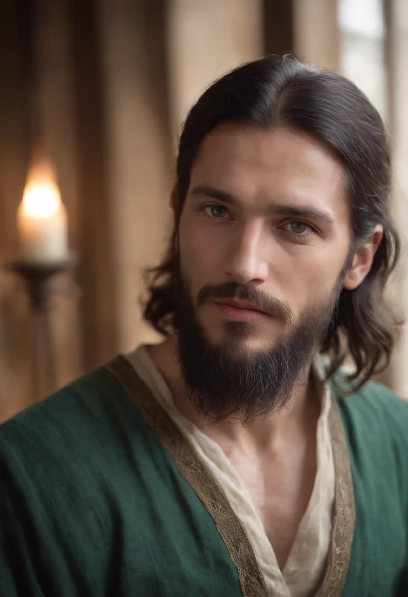 fair complexion, man around 33 years old, long beard, natural black hair, distinctive green eyes, wearing blouse, average looking, tavern in a medieval setting, ultra sharp focus, realistic shot, medieval male clothes, tetradic colors (scar:1.4)