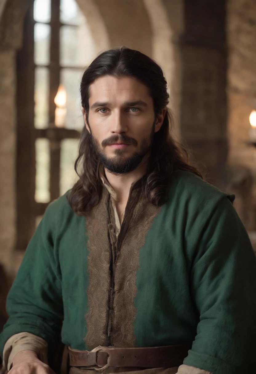 fair complexion, man around 33 years old, long beard, natural black hair, distinctive green eyes, wearing blouse, average looking, tavern in a medieval setting, ultra sharp focus, realistic shot, medieval male clothes, tetradic colors (scar:1.4)