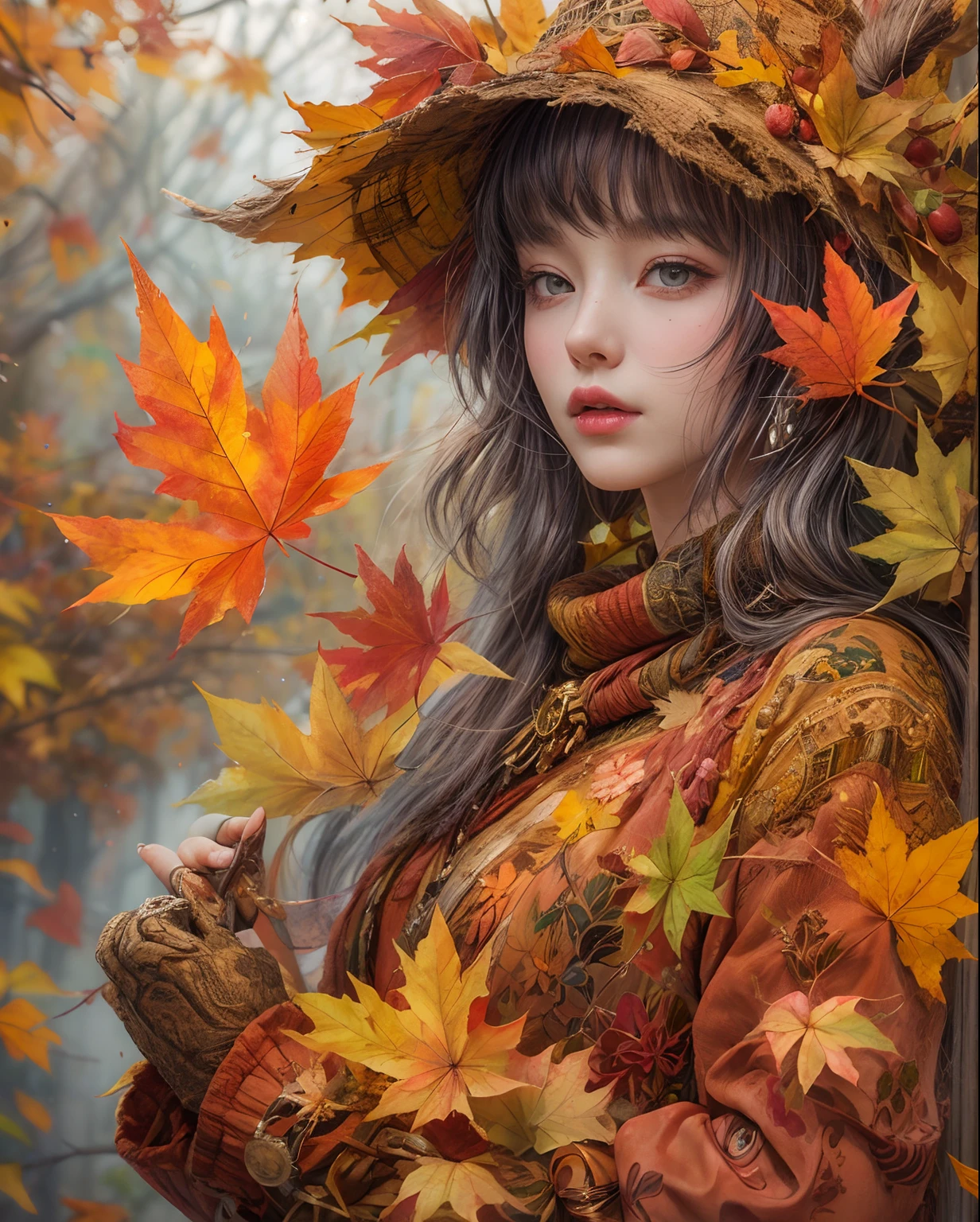 Best quality, Masterpiece, Meticulous details, intricately details, Mysterious autumn lady, colorful autumn