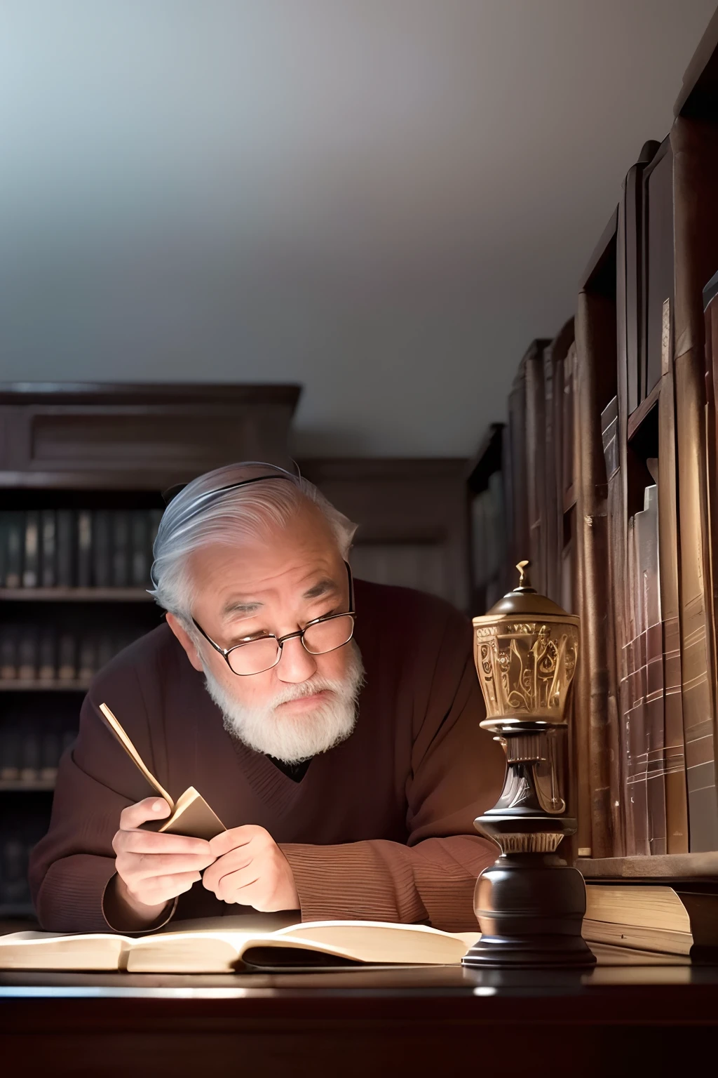 (best quality,4k,8k,highres,masterpiece:1.2),ultra-detailed,(realistic,photorealistic,photo-realistic:1.37),full body shot of japanese aged man,librarian,reading ancient book in very dark library, lighted by only few old lamps