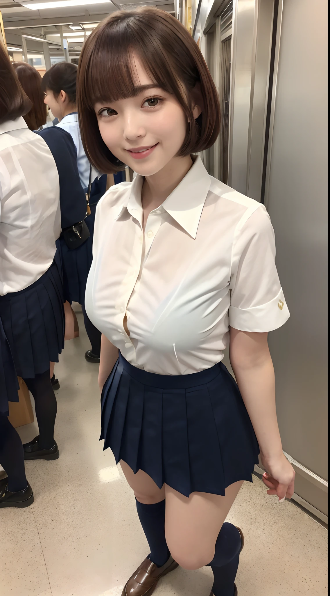 (8K, 超A high resolution, Best Quality, masutepiece:1.2),(18year old:1.2)、(Look away)、8K、RAW portrait of japanese girl、Photorealsitic、超A high resolution、top-quality、 (quite massive chest、Hide all breasts:1.2)(hi-school girl、White collared shirt、The bra is visible through a fairly large gap in the shirt、Navy Pleated Mini Skirt:1.38)、(Standing on a crowded station platform:1.2) Charming smile、(Center parting of brown hair short bob、Black loafers、Navy Socks:1.2)