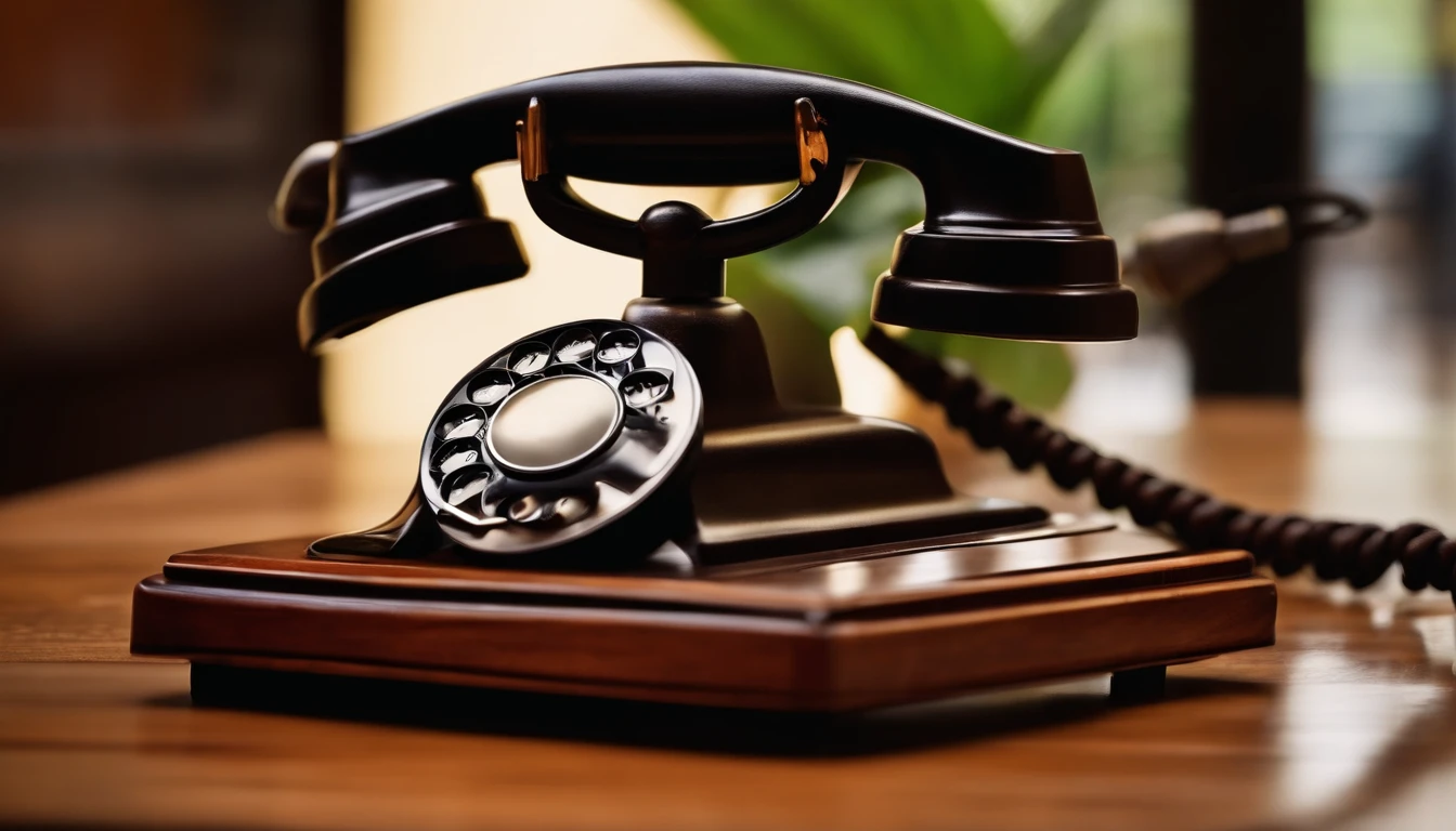 old phone on desk home background luxury wood furniture blurred
