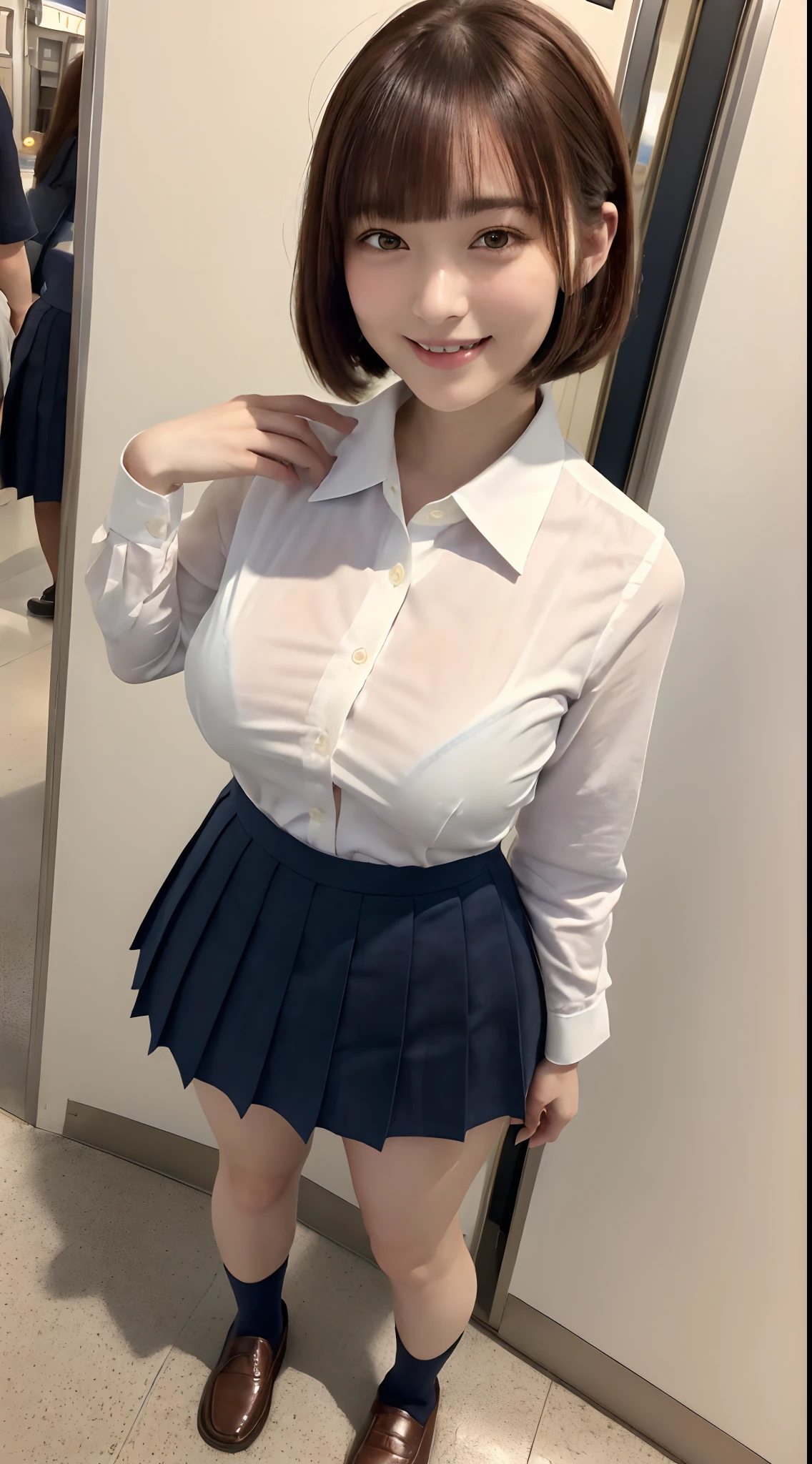 (8K, 超A high resolution, Best Quality, masutepiece:1.2),(18year old:1.2)、(Look away)、8K、RAW portrait of japanese girl、Photorealsitic、超A high resolution、top-quality、 (quite massive chest、Hide all breasts:1.2)(hi-school girl、White collared shirt、The bra is visible through a fairly large gap in the shirt、Navy Pleated Mini Skirt:1.38)、(Standing on a crowded station platform:1.2) Charming smile、(Center parting of brown hair short bob、Black loafers、Navy Socks:1.2)