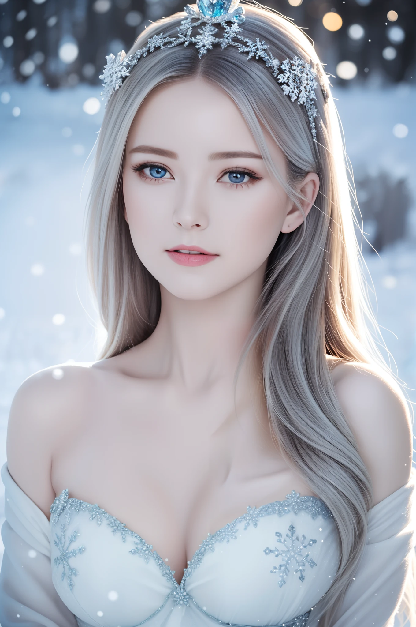 (best quality,4k,8k,highres,masterpiece:1.2),ultra-detailed,(realistic,photorealistic,photo-realistic:1.37),snow queen,beautiful detailed eyes,beautiful detailed lips,extremely detailed eyes and face,long eyelashes,snow-covered palace,winter wonderland,crown of ice,sparkling snowflakes,ethereal beauty,snowflakes swirling around,snow-covered trees,gorgeous snow queen,glowing ice shards,powdery snow,snowflakes glistening in the sunlight,majestic and graceful presence,snow-capped mountains,icy breath,hint of blue and silver in the color scheme,dramatic lighting,soft snow falling,queen's regal gown,subtle shades of white and blue,icy palace walls,Ice Queen's enigmatic smile,crystal-like skin,icy blue eyes, ultra-realistic, photorealistic, photograph, photogenic, bokeh, cleavage, bare shoulders.