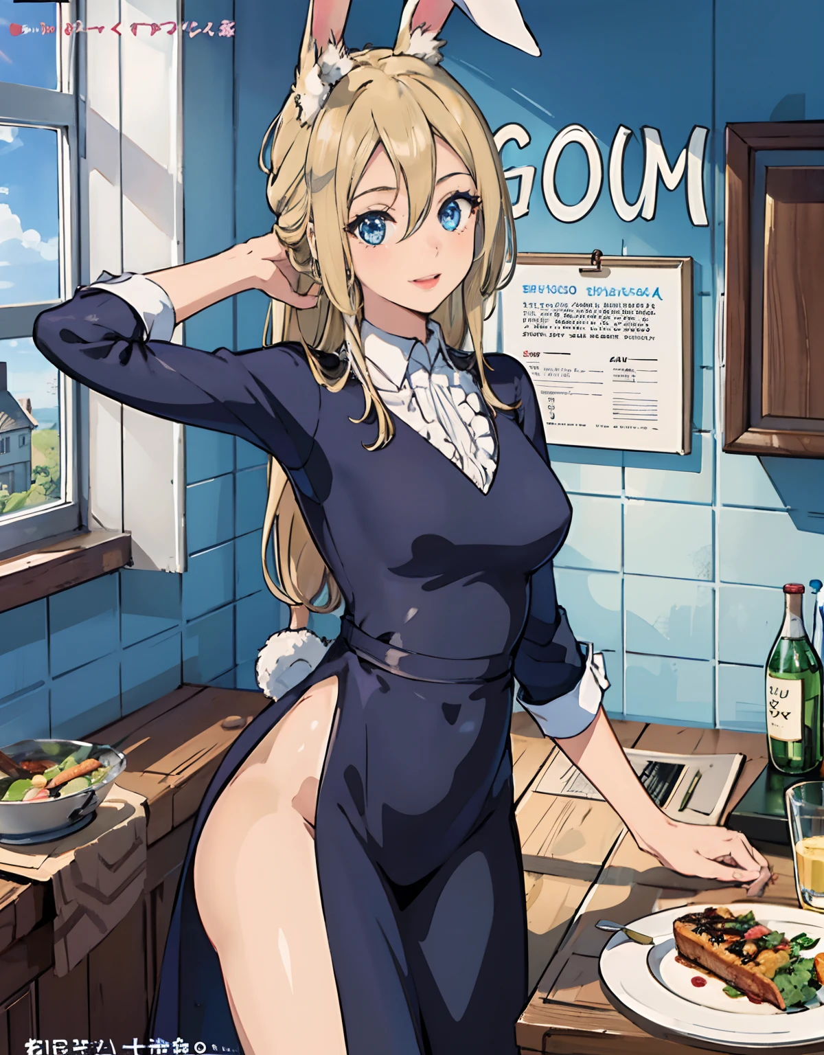(Best Quality, Masterpiece),sexy , Front cover of a women's cooking magazine, naked, erotic, 18+, nsfw, 1girl, 16 unning, cute, smile, hourglass figure, Maid costume, beautiful food, text, diagrams, advertisements, magazine title, long blonde hair,blue detailed sparkling eyes, rabbit ears ,One strand of hair hangs down over his forehead