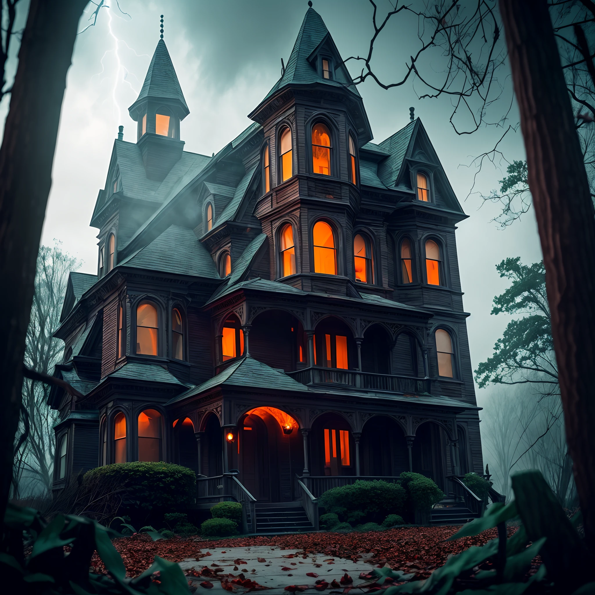 A chilling scene of a haunted mansion, overgrown with ivy and shrouded in mist. In the foreground, a sinister jack-o'-lantern with a malevolent grin, its hollow eyes glowing with an eerie light. Medium: Photography. Style: Inspired by classic horror films and the atmospheric works of Edgar Allan Poe. Lighting: Moonlight casting long, ominous shadows, with sporadic bursts of lightning illuminating the scene. Colors: Deep, saturated hues of midnight blue, blood red, and ghostly white. Composition: Shot with a Canon EOS R5, using an RF 24-70mm f/2.8L IS USM lens. Emphasis on depth, with a shallow depth of field focusing on the jack-o'-lantern, while the mansion looms ominously in the background. High-resolution 16k, with intricate details visible in the texture of the pumpkin and the decaying wood of the mansion. --ar 16:9 --v 5.1 --style raw --q 2 --s 750