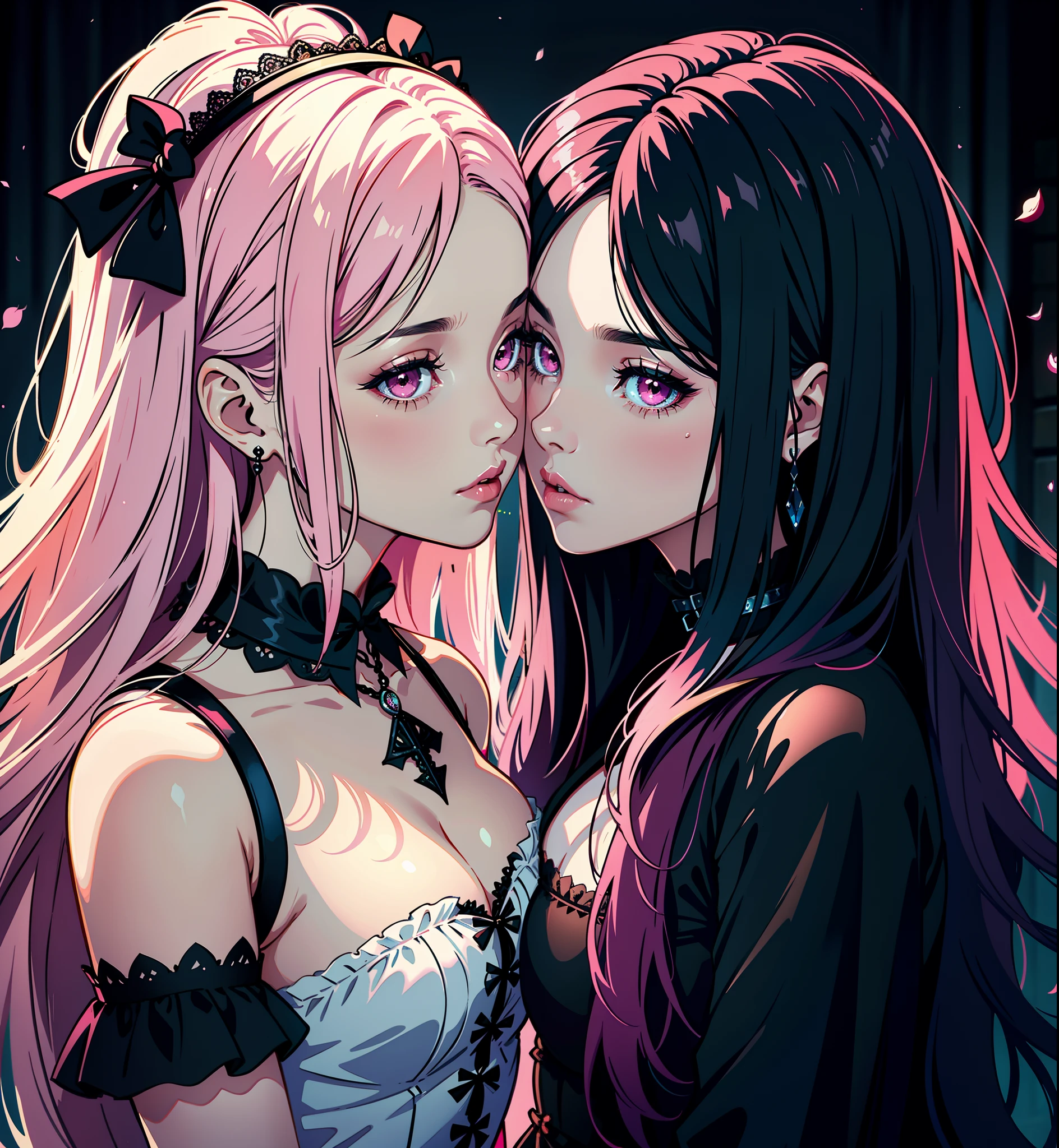 adesivo, fundo simples, portrait, 2 girls, couple, kissing, girl with long hair, beautiful gothic girl, gothic aesthetic, beautiful girl, very beautiful fantasy art, beautiful and elegant female gothic, beautiful detailed fantasy, black and pink color palate, pink color-theme