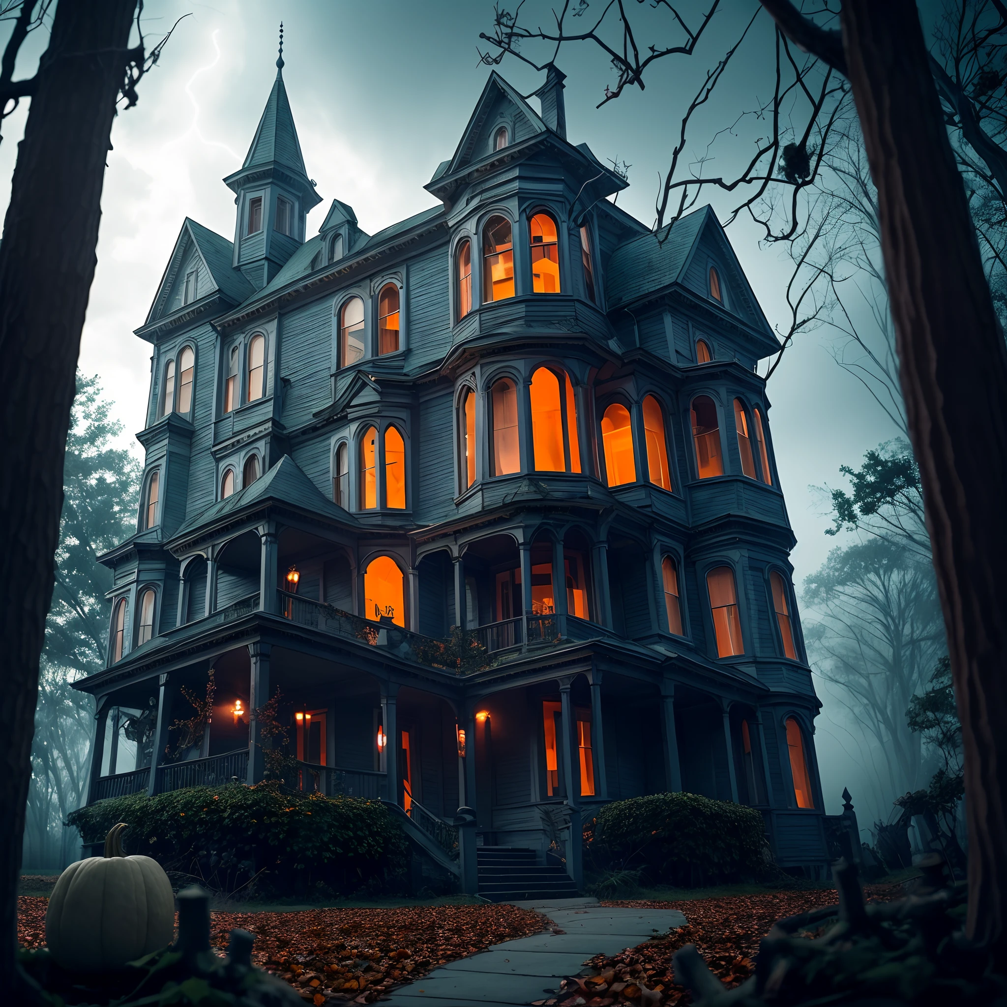 A chilling scene of a haunted mansion, overgrown with ivy and shrouded in mist. In the foreground, a sinister jack-o'-lantern with a malevolent grin, its hollow eyes glowing with an eerie light. Medium: Photography. Style: Inspired by classic horror films and the atmospheric works of Edgar Allan Poe. Lighting: Moonlight casting long, ominous shadows, with sporadic bursts of lightning illuminating the scene. Colors: Deep, saturated hues of midnight blue, blood red, and ghostly white. Composition: Shot with a Canon EOS R5, using an RF 24-70mm f/2.8L IS USM lens. Emphasis on depth, with a shallow depth of field focusing on the jack-o'-lantern, while the mansion looms ominously in the background. High-resolution 16k, with intricate details visible in the texture of the pumpkin and the decaying wood of the mansion. --ar 16:9 --v 5.1 --style raw --q 2 --s 750
