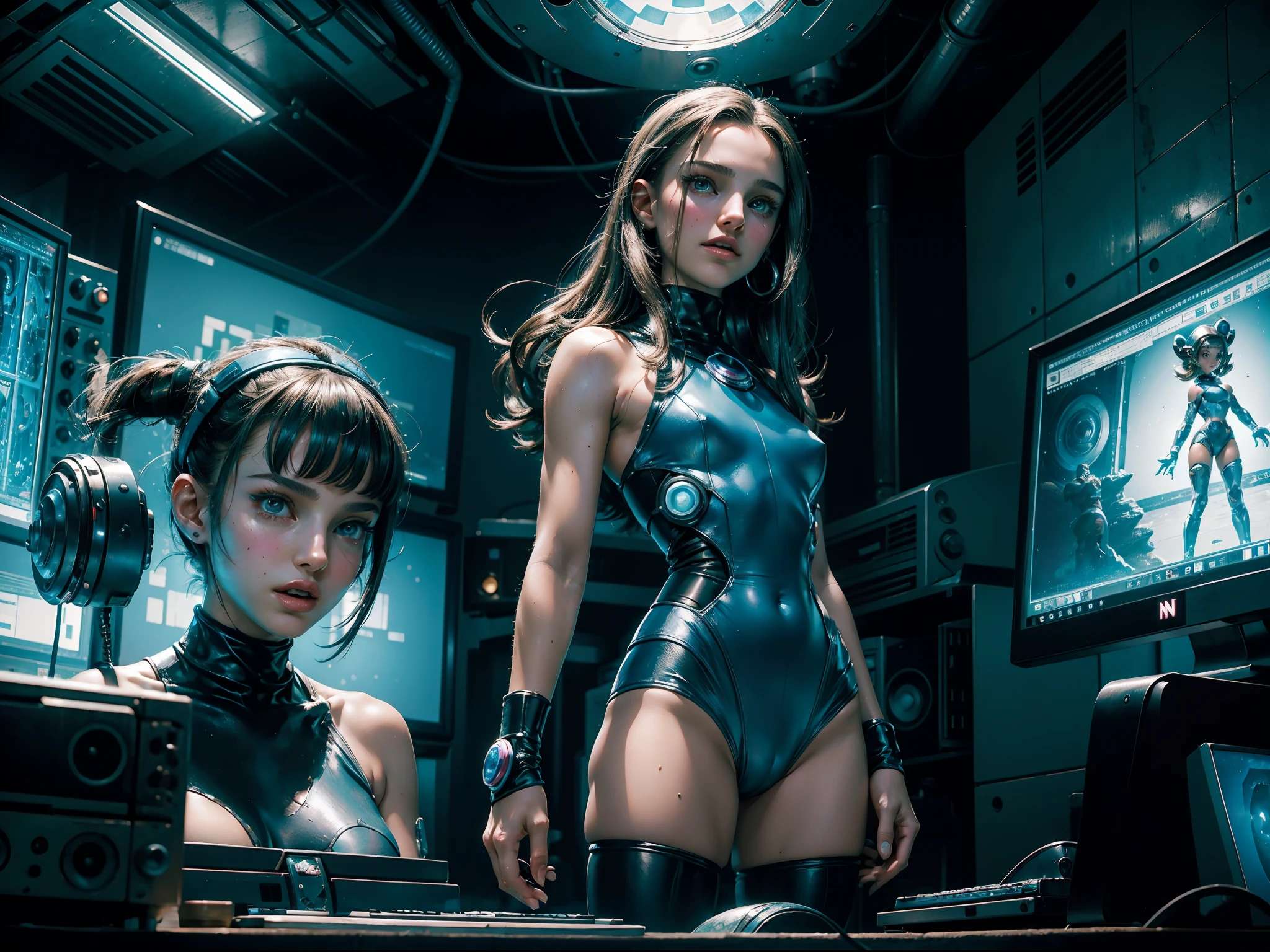 a Natalie Portman dressed as megaman standing as a captivating figure amidst the computers and monitors. her physical appearance tells a story of tragic transformation and decay, evoking both fascination and a sense of unease. the teenage neuromancer girl's youthful countenance, her flesh, vibrant and alive, exposing patches muscle.