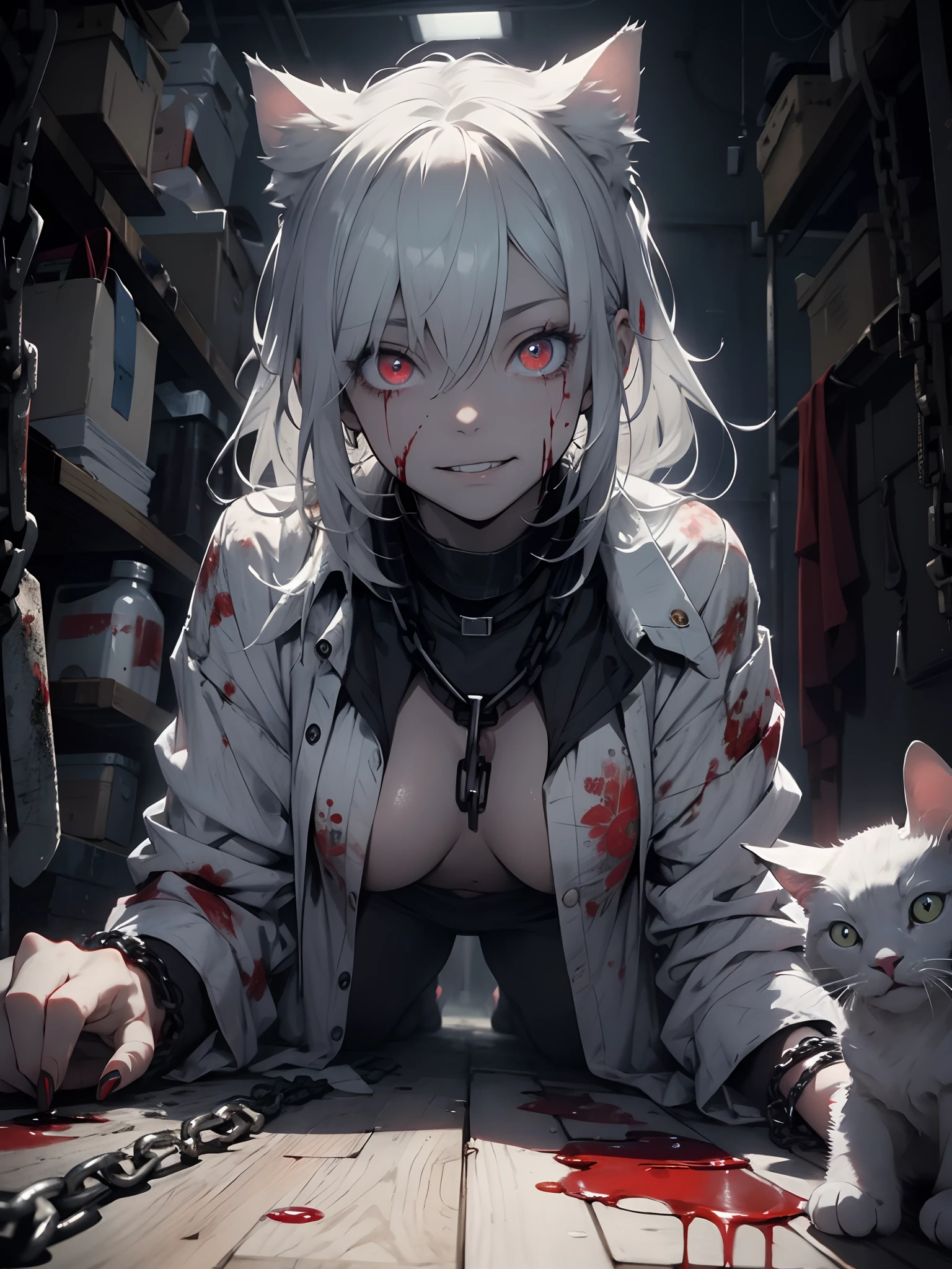 masterpiece, best quality, 1 girl, supine, lying  on the floor, pale skin, messy hair, red eyes, glowing eyes, creepy, creepy smile, crazy expression, blood on face, blood on clothes, naked, blood, cute cat girl, light particles, night, iron bracelets with chains,