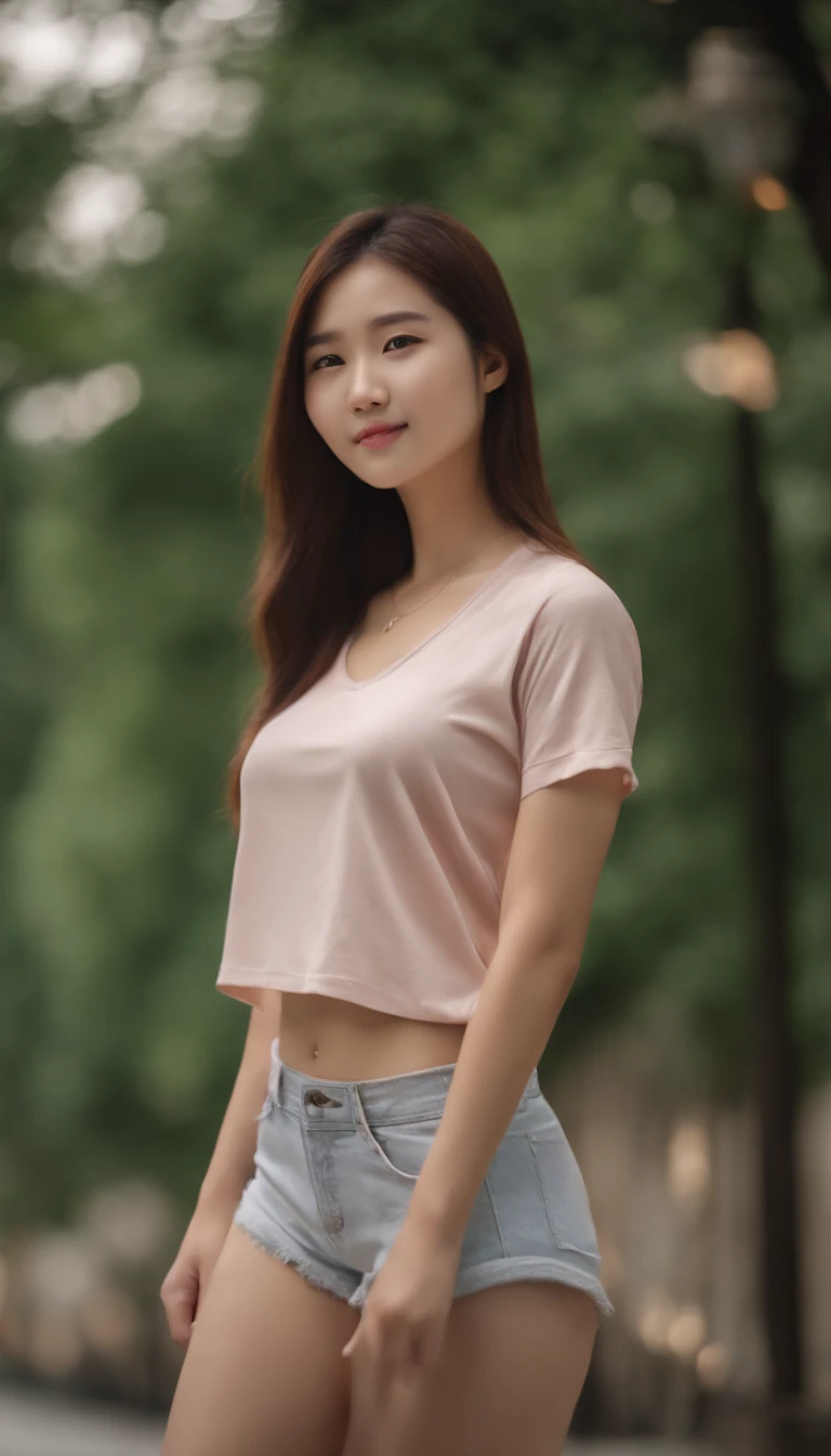 4k high quality, bedroom, 3 point lighting, cinematic photo shoot, soft lighting, realistic lighting,  girl, Korean girl with beautiful body, beautiful face, wearing sport shorts, t-shirt, slim body, smiling at camera, seductive pose, full body shot