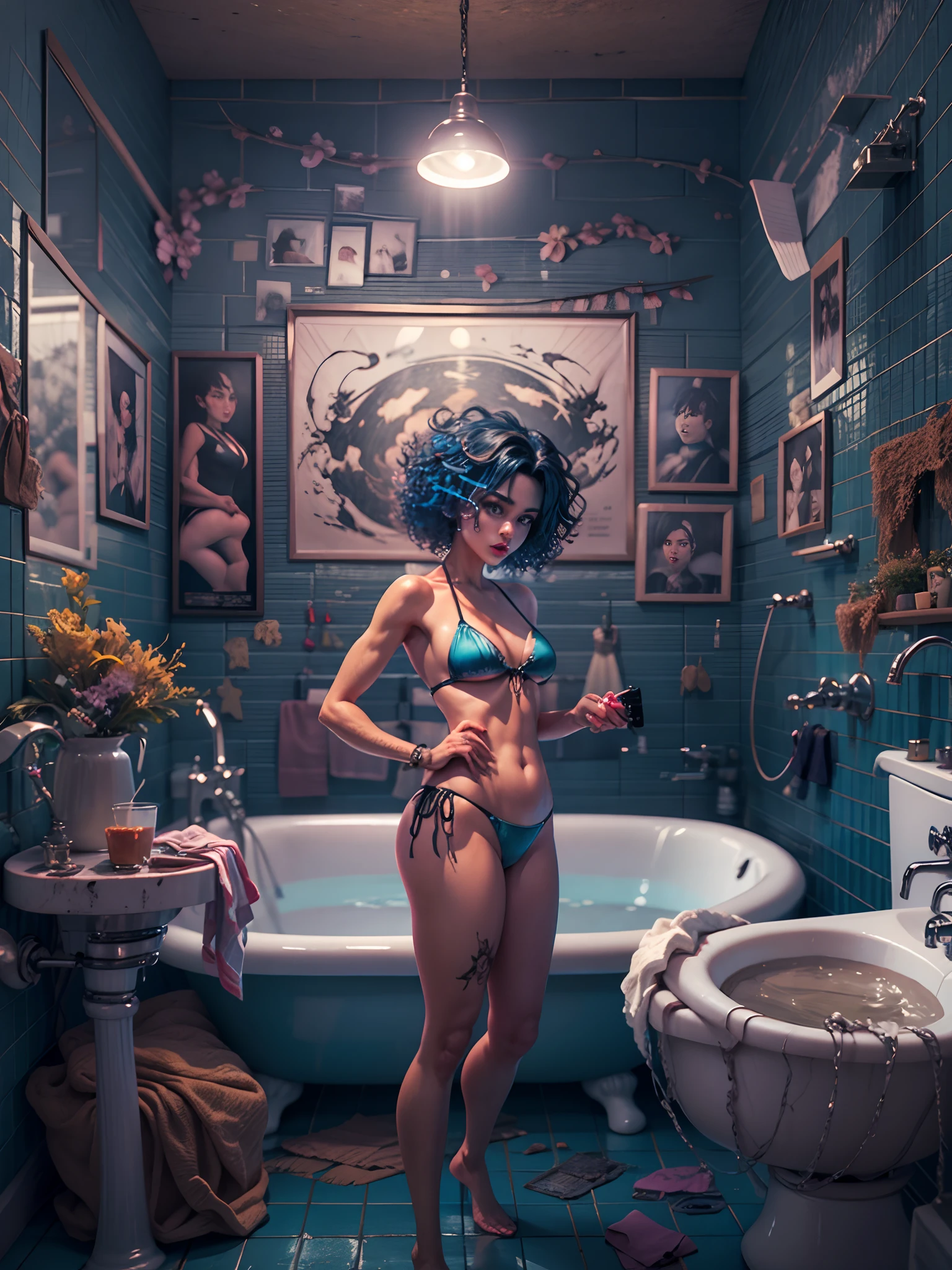 DSLR, F/2.8, Lens Flare, 5D, 16k, Super-Resolution . realistic style, key visual, vibrant, studio realistic, highly detailed A different mood whimsical full body view best quality, eerie masterpiece, monochromatic palette dominated by eerie shades of deep blue horror themed bathroom  curly bikini girl sharp look, wide eyes, very dark lips, flora, toys, ,stylish bikini to e bathroom  in a vintage bathroom, perfect ???????, highly detailed, graphic 3d model, render, comic art, graphic novel art, vibrant, detailed character