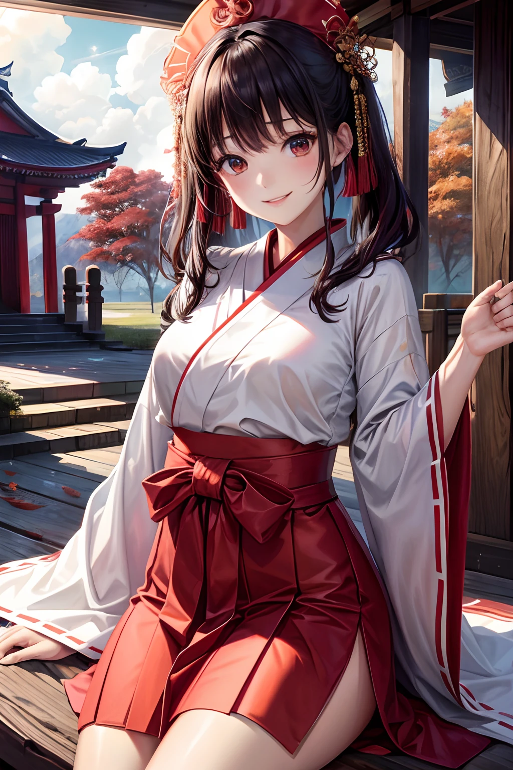 hight resolution, top-quality, ultra-quality, The ultra-detailliert, lighting like a movie、Girl in Red Priestess Uniform、Short Hakama、Precincts of the shrine、A smile、Dead leaves flutter、A dark-haired、