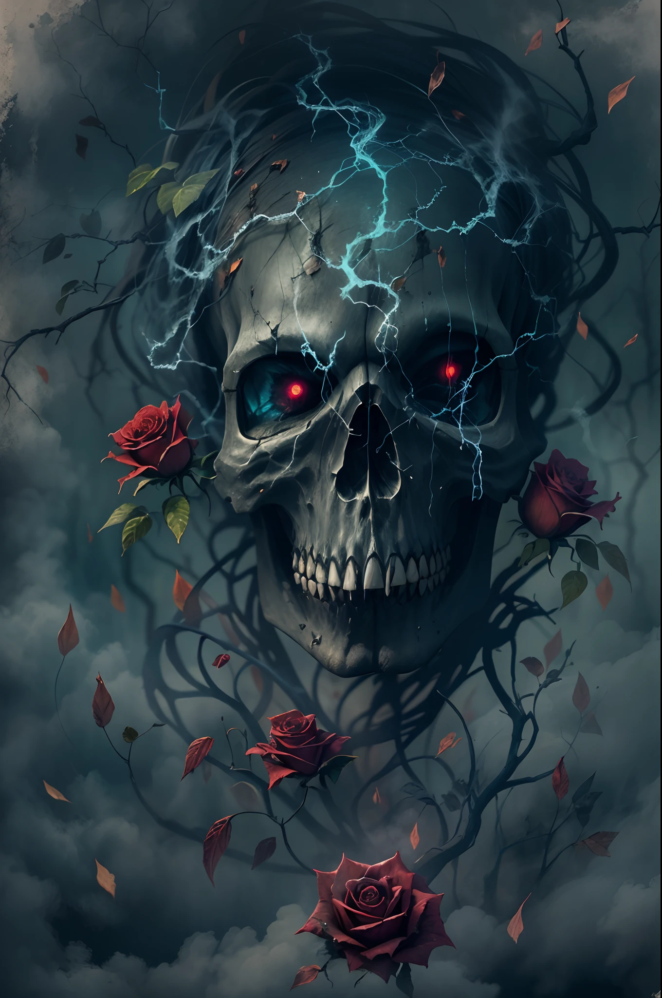 (dark,horror,photography:1.2),Skull of demon,vines,rose,30% transparent wolf in background,smoke,fog,misting,ground,acid green rain,falling,dark blue sky,lightning