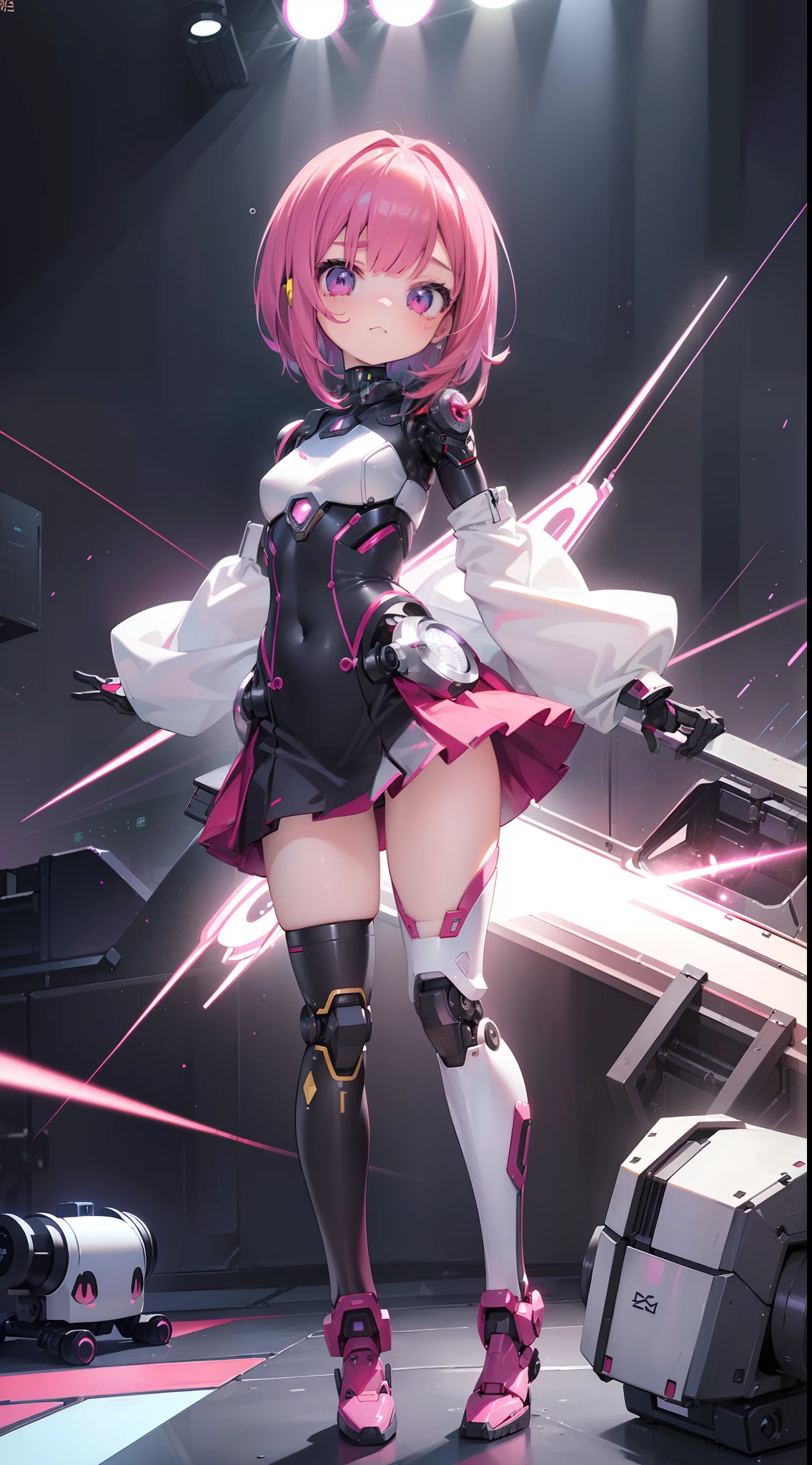 (Photorealsitic:1.4)、Onegirl、(top-quality),(hyperdetailed face)、(Super well-formed face)、((Robot Parts))、(Cyborg girl)、(pink there)、(Burgundy)、(metalic)、(fullllbody)、(Moe Pose)、(Slender body)、(tits out)、(Model body type)、(mecha exposure)、(akihabara)、(is looking at the camera)、(A dark-haired)、(9Head and body)、(a small face)、(Idol)、(front facing)、(is standing)、(Photo session)、(Looks sad)、(Cyborg girl in stage costume)、(sleeve less)、(a miniskirt)