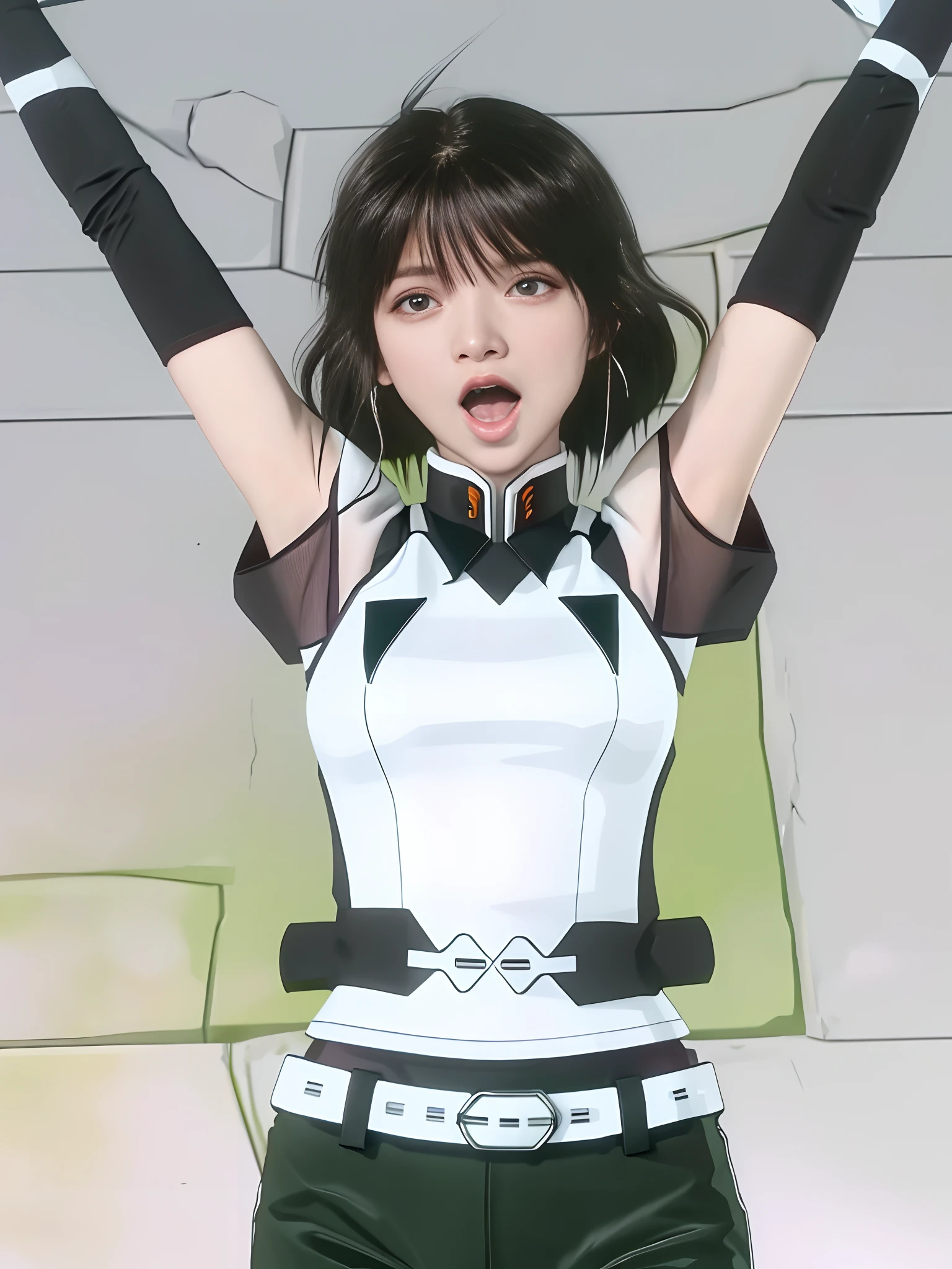 tmasterpiece, Best quality at best, 1girll, 独奏, teardrop, Be red in the face, dreads, and the tongue sticks out, laughingly, with her mouth open, roll eyes, head looking up, full bodyesbian, Armpits, Arms up, (Torso grab, Tickle, mitts, Intangible limbs:1.2), TKL