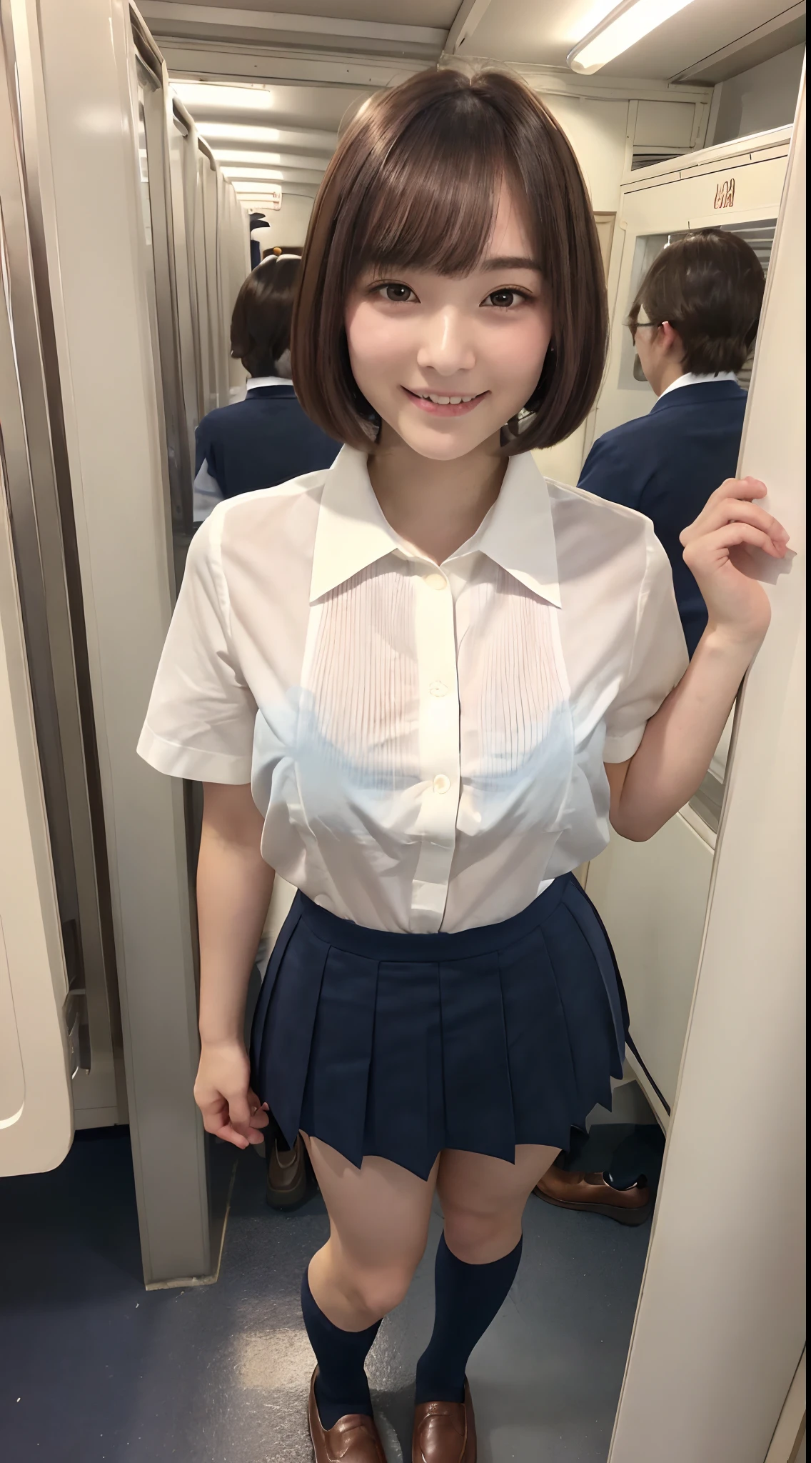 (8K, 超A high resolution, Best Quality, masutepiece:1.2),(18year old:1.2)、(Look away)、8K、RAW portrait of japanese girl、Photorealsitic、超A high resolution、top-quality、 (quite massive chest、Hide all breasts:1.2)(hi-school girl、White collared shirt、The bra is visible through a rather large gap in the shirt、Navy Pleated Mini Skirt:1.38)、(Standing on a crowded station platform:1.2) Charming smile、(Brown hair center-parted short bob、Black loafers、Navy Socks:1.2)