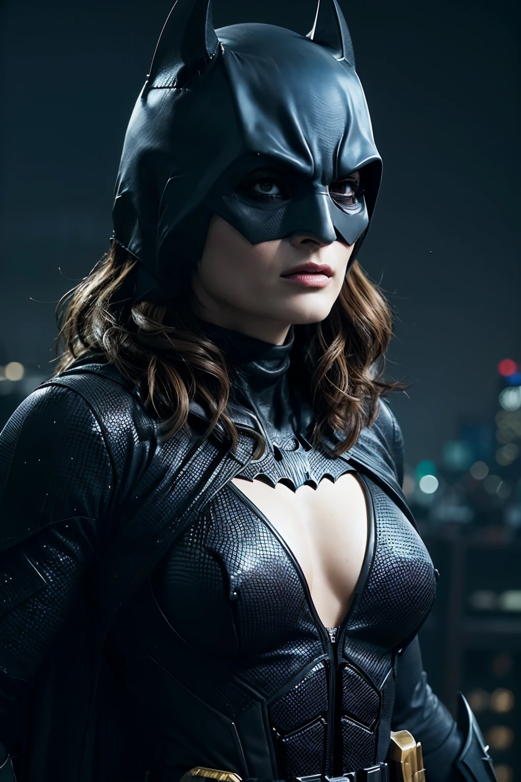 ((Stana Katic as Batman holding a Batarang)), wearing Batman armor with cape, (dynamic pose), defined muscles, red hair, athletic build, tight costume, very beautiful, ((sexy, small natural breast, cleavage, nippin)),  (highly detailed skin: 1.2), serious face, beautiful face, highly detailed skin, skin pores, (highly detailed face:1.1), (highly detailed eyes:1.1), realistic pupils, full face blush, full lips, (perfect anatomy:1.1), (perfect proportions:1.1), (photography:1.1), (photorealistic:1.1), volumetric lighting, dynamic lighting, real shadows, (highres:1.1), sharp focus, (realistic, hyperrealistic:1.4), intricate, high detail, dramatic, subsurface scattering, vivid, polished, sharpened, 35mm, 8k, (((Night photography, Gotham city background)