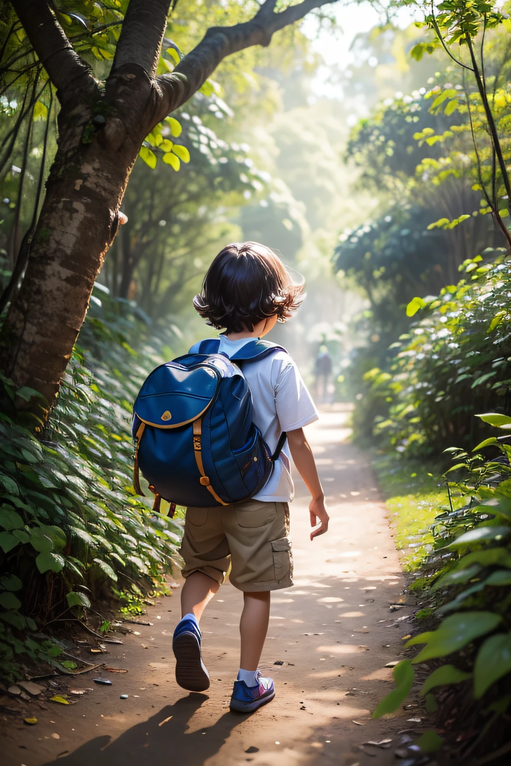 Personagem de livro infantil, de cabelo castanho, de 6 anos, Brazilian characteristics, desenho animado,with exploration backpack, passeando na floresta