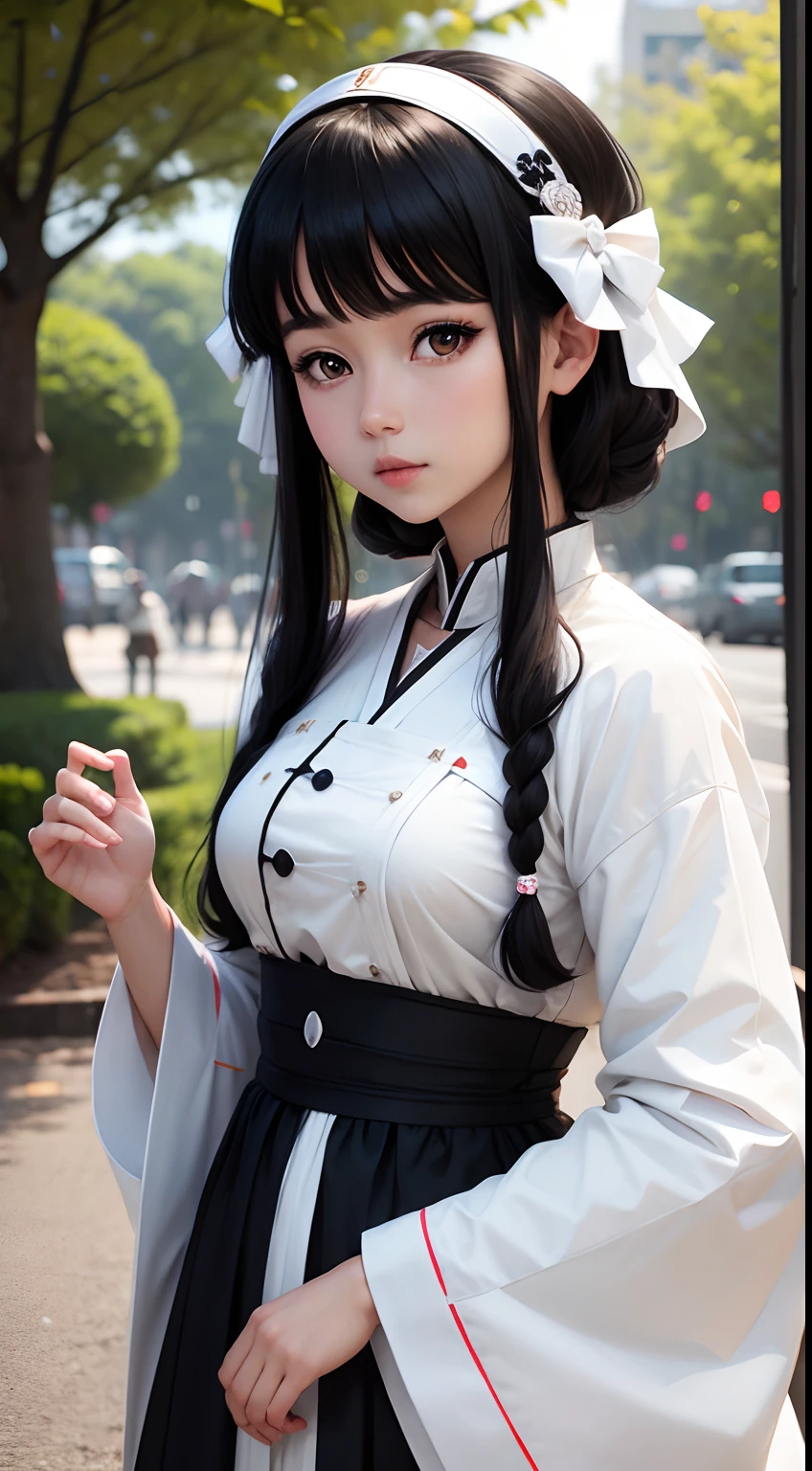 Cute anime girl, white traditional dress, open black hair, ultra realistic, 8k,