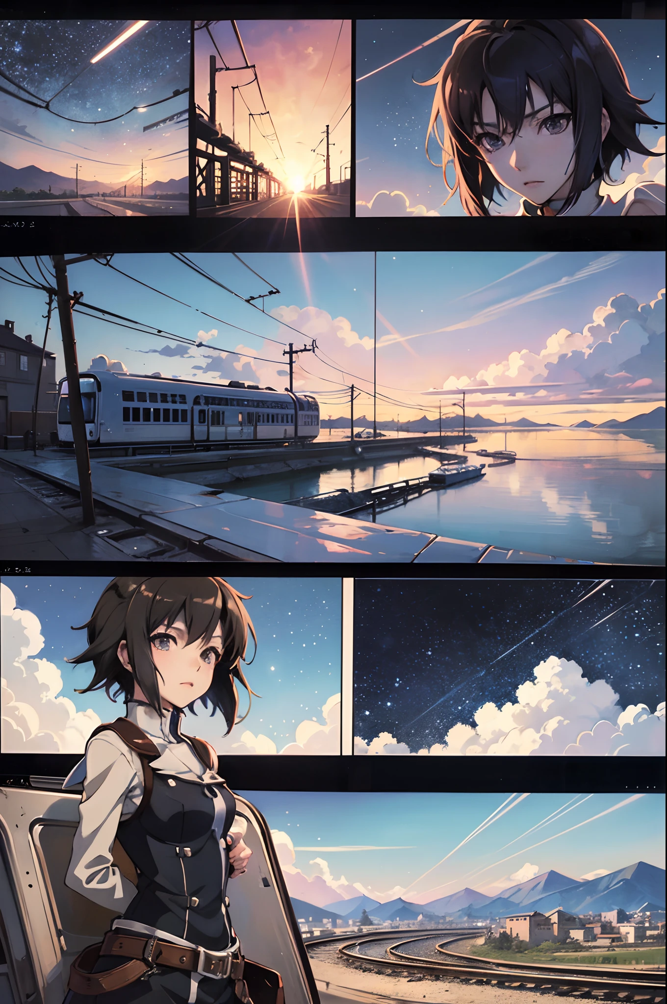 comic strip，Cartoon Split（4 or 5 or 6 tiles），Storyboard，Masterpiece, Anime train passing through bodies of water on tracks, Bright starry sky. Romantic train, Makoto Shinkai's picture, Pisif, concept-art, Lofi art style, Reflection. By Makoto Shinkai, Lofi art, beautiful anime scenes, Anime landscape, Detailed scenery —width 672, in the style of makoto shinkai, Makoto Shinkai's style, Enhanced detail.