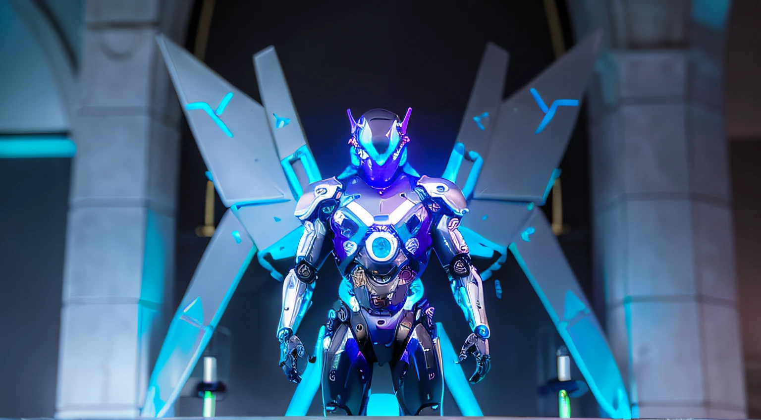 MALE. MAN. MAN. MALE..wings leds, divine paradise. neon blue and Purple butterfly wings leds. heavenly illumination. God. Holy robotic. levitating. Position of god. Deitado na cama. strong, robust and masculine body. fat arms. Position of divinity. Floating. divine statue, pedestal, holy pedestal. levitating. masterpiece, best quality, a close up of a futuristic looking cyborg man with a fantastic cyber helmet head with blue and Purple triangle led lights and a halo,statue of saint, statue in church. statues in church, a pedestal with a cyborg saint. A Cyborg Male Saint. a church chapel with saint. wearing a blue and Purple techwear jacket, white church in background. jump, full body, robotic legs. divine statue, pedestal, holy pedestal. neon blue and Purple butterfly wings leds. MASCULINE. MALE MASCULINE. Boy Muscular. statue of saint, statue in church. statues in church, a pedestal with a cyborg saint. A Cyborg Male Saint. a church chapel with saint.