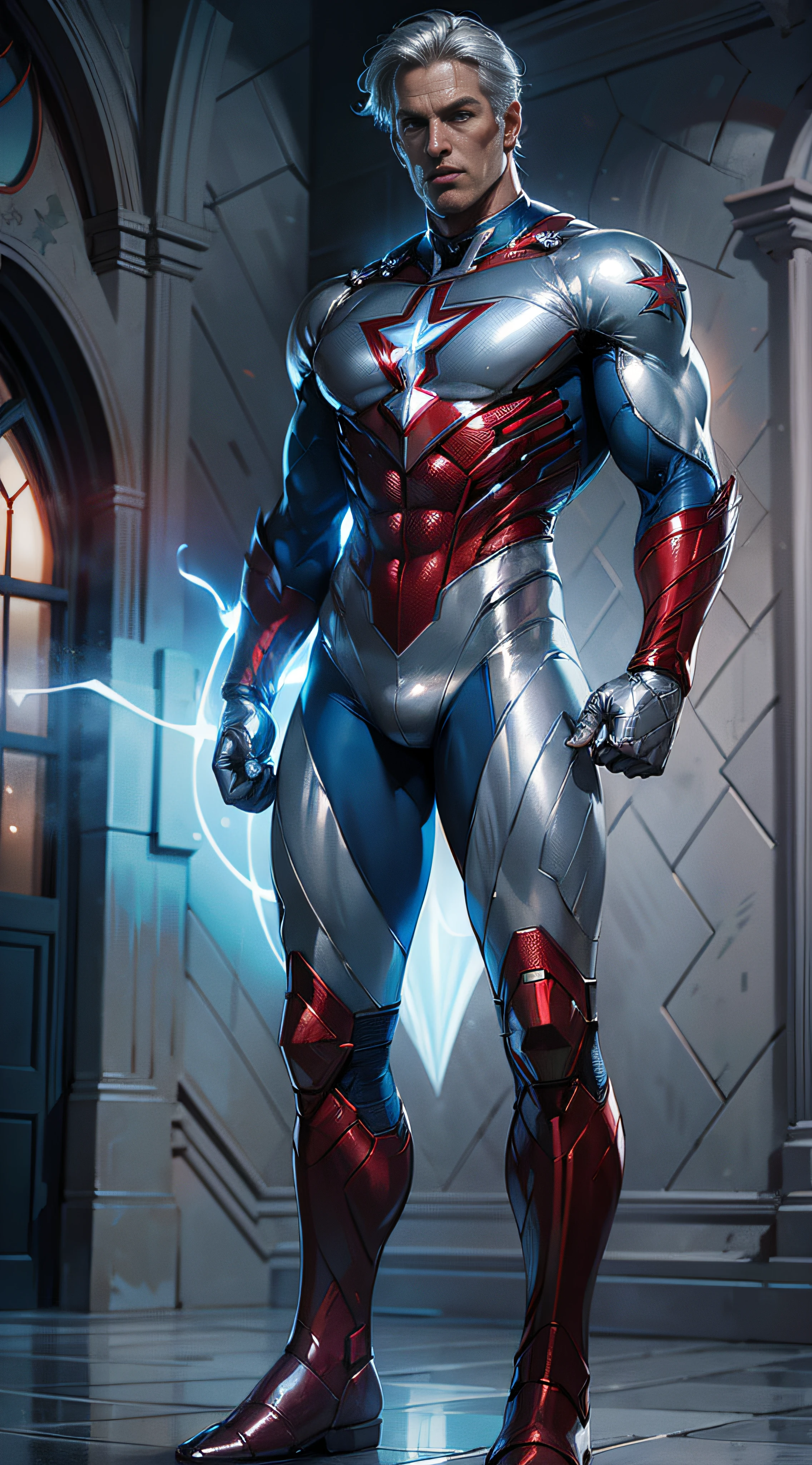 (realistic,hyper-detailed,8k,DC comic superhero,Captain Atom,captainatom),
(silver suit,silversuit),
(red gloves,redgloves),
(red boots,redboots)