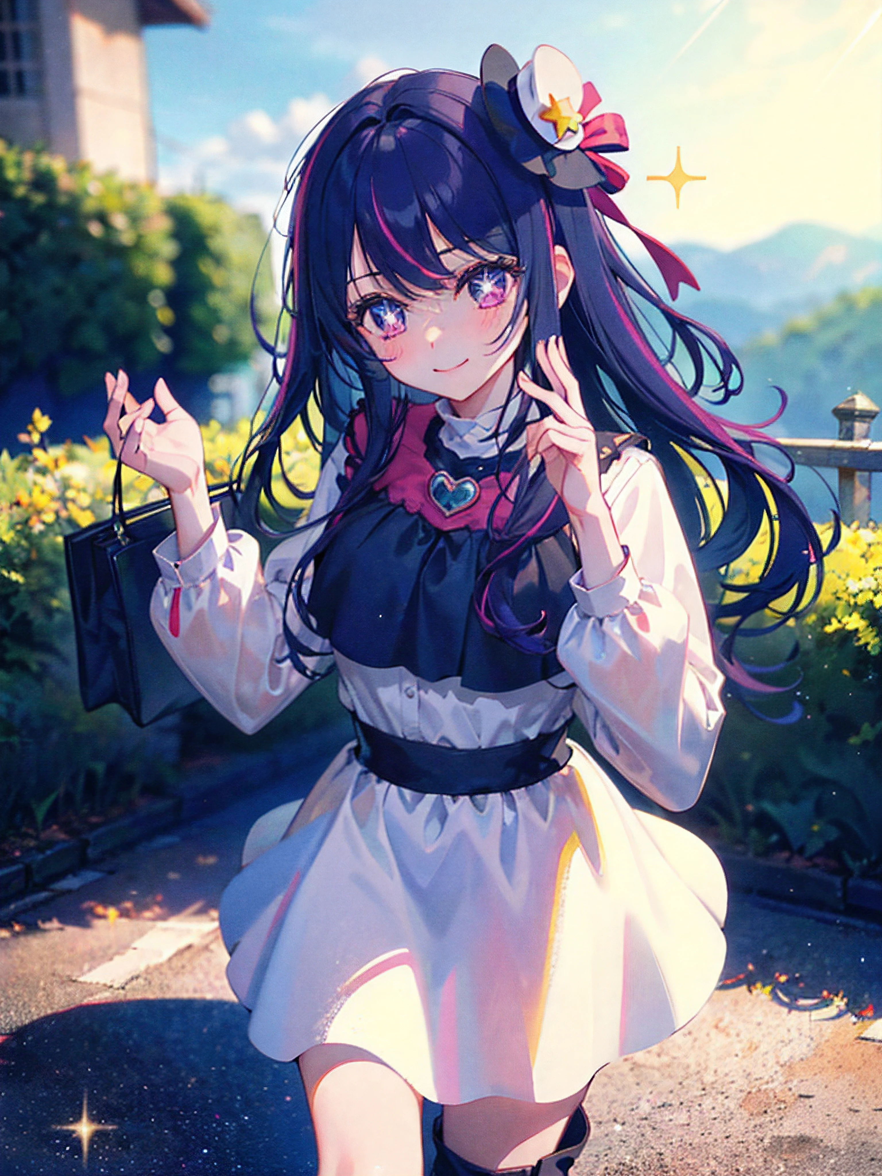 1 girl,(Ai Hoshino, Long hair, Purple hair, Striped hair ,Purple eyes, Star-shaped pupils, hair adornments) ,(masterpiece, best quality), (finely detailed beautiful eyes), (finely detailed eyes and detailed face), (scenery), (extremely detailed CG, ultra-detailed, best shadow), beautiful concept illustration, (illustration), (extremely fine and beautiful), (perfect details), sitting, 1 cute girl, solo, smile, pretty hat, pretty dress, collared shirt, black boots, long sleeves, white headwear, pretty bag, beret, blush, outdoors, (depth of field), blurry, blurry foreground, bokeh, danmaku, depth of field, lens flare, sparkle, star glitter,