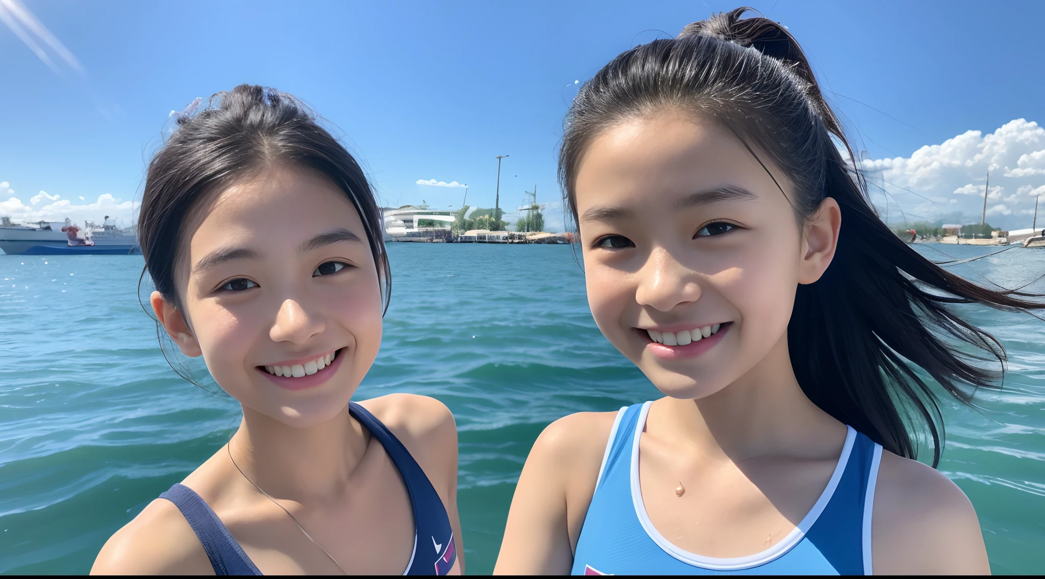 A 16-year-old girl，Leaning on the bow of a luxury cruise ship，Look at the lens head-on，Close-up of the face，A hopeful smile，Smile without showing your teeth，Ultra wide angle lens overhead shot for girls，and the sun was shining brightly，with blue sky and white clouds，Cute swimsuit，B cup，Get wet，Wet method，