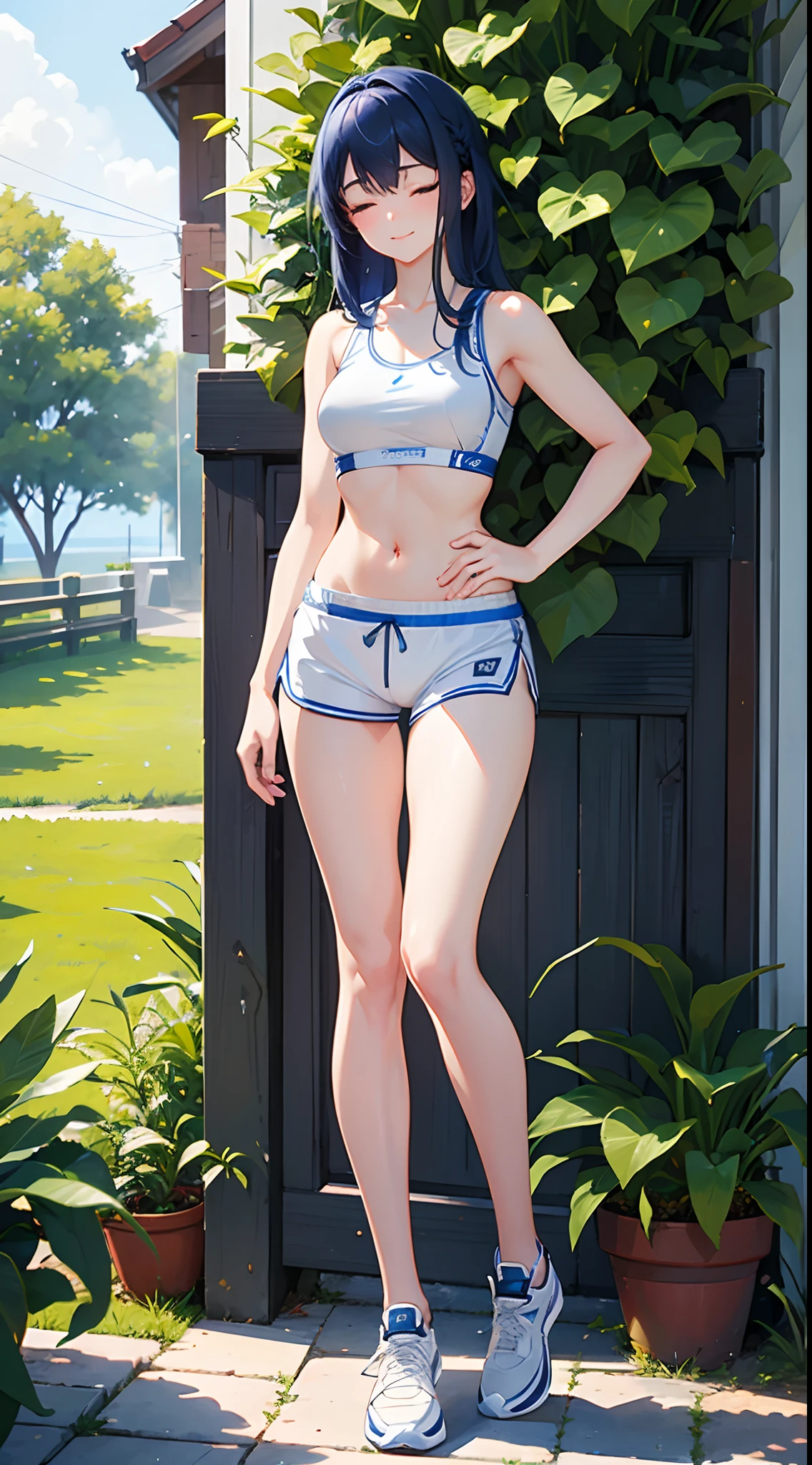 1 girl 19 years old, medium length blue hair, eyes closed, wearing a white sports bra, wearing white athletic shorts, smiled shyly, use one hand to cover your mouth, bashfulness, from the front, upper body, sunlight, noon, extremely detailed, best graphics, 8k, ultrasharp, masterpiece