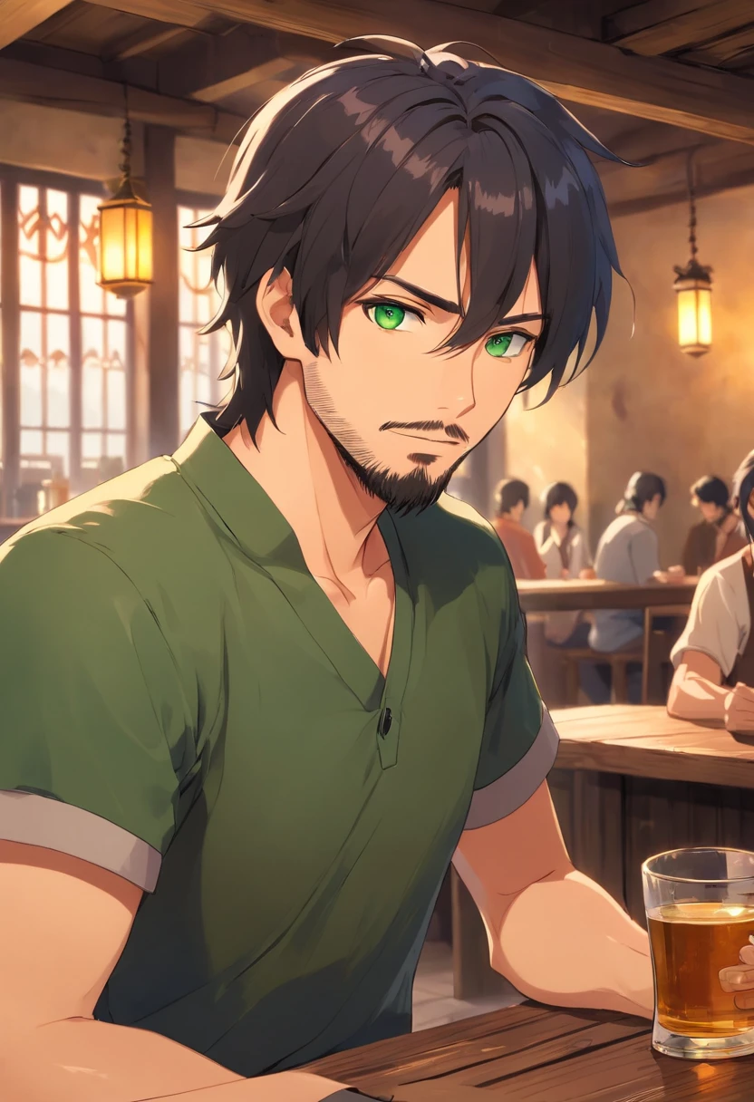 fair complexion, man around 33 years old, long beard, natural black hair, distinctive green eyes, wearing blouse, average looking, tavern in a medieval setting, ultra sharp focus, realistic shot, medieval male clothes, tetradic colors (scar:1.4)