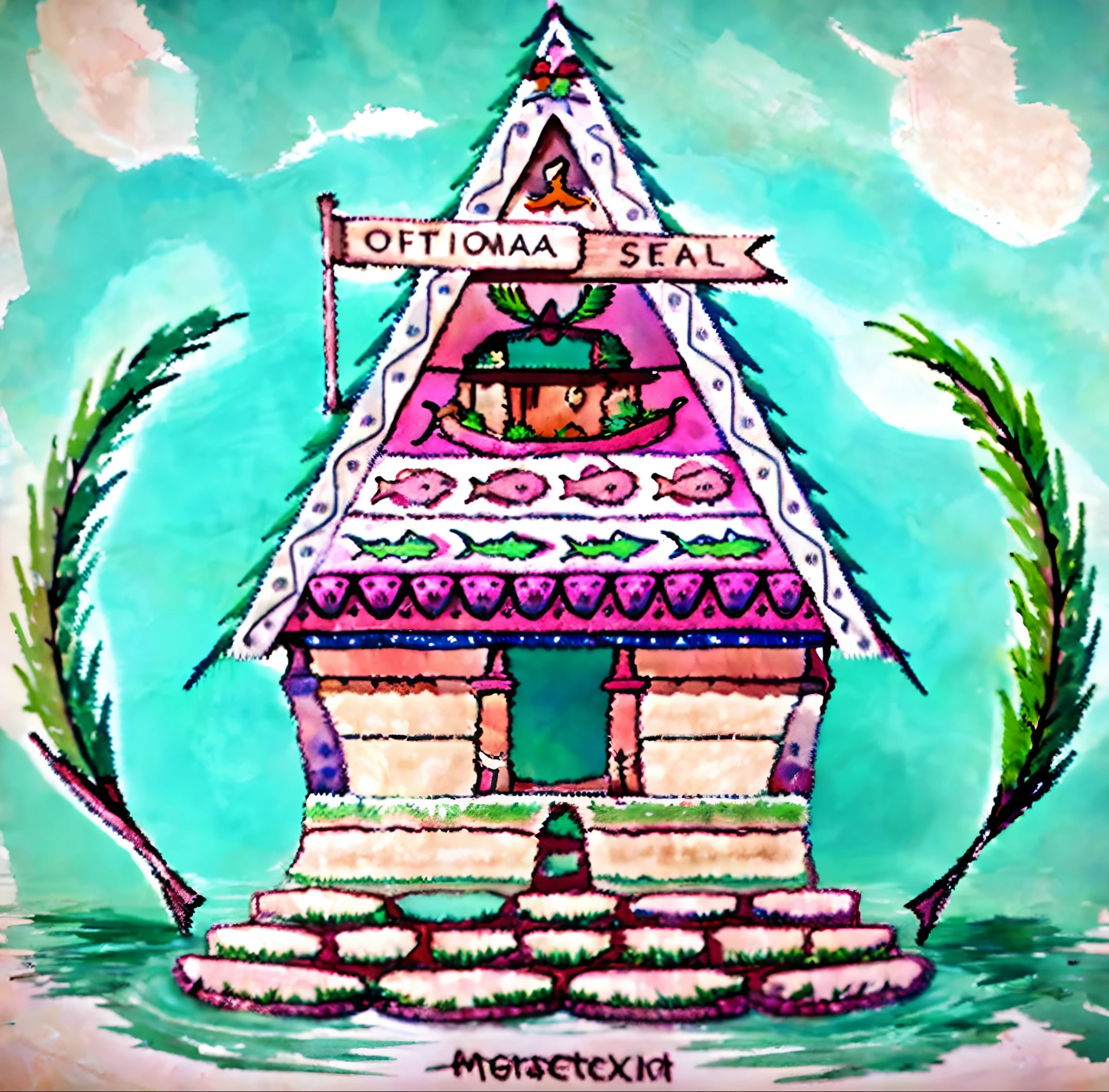 Micronesian hut, on rocks foundation, stone foundation, coconut leave on the sides, green wreaths, vector illustrations