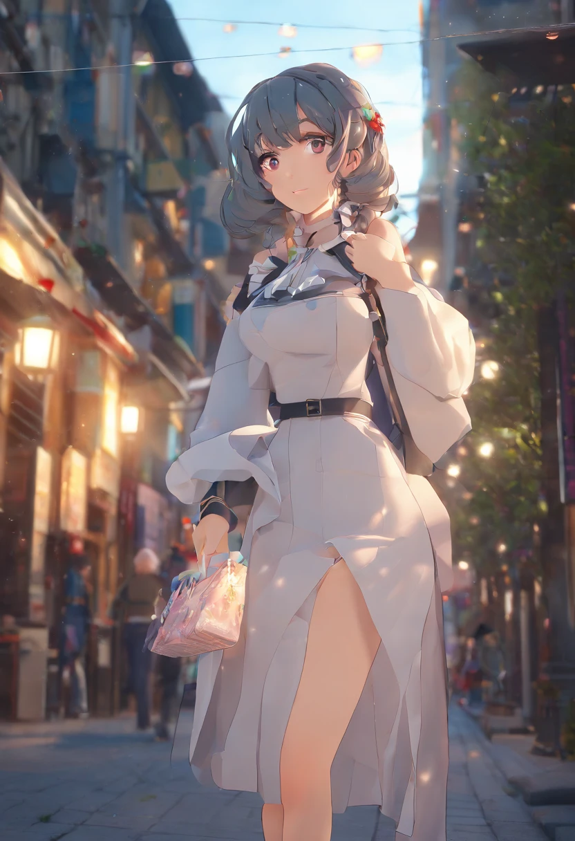 best quality,masterpiece,depth of field,Cinematic Lighting,(1girl),full body,elegant,solo,panorama,bust shot,sunset,twilight, long hair,(hair between eyes:1.2),silver hair,ahoge,gray inner hair,red eyes,black sailor collar, black serafuku, long sleeves,seductive smile,dark,cityscape,night,intense shadows,(dynamic angle:1.2),The street,pedestrians,cuteloli,hikaru_r_gohouka
