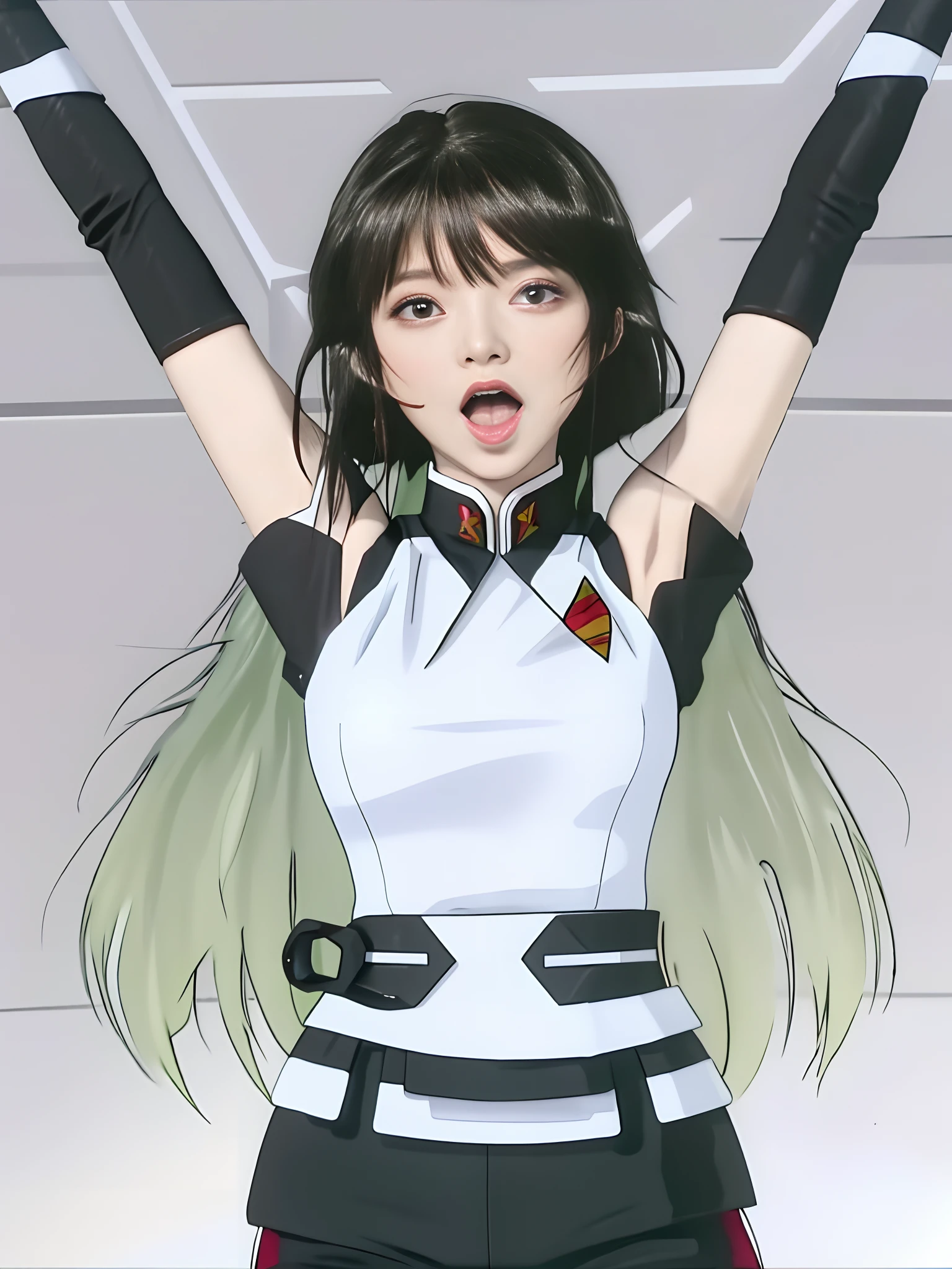 tmasterpiece, Best quality at best, 1girll, 独奏, teardrop, Be red in the face, dreads, and the tongue sticks out, laughingly, with her mouth open, roll eyes, head looking up, full bodyesbian, Armpits, Arms up, (Torso grab, Tickle, mitts, Intangible limbs:1.2), TKL