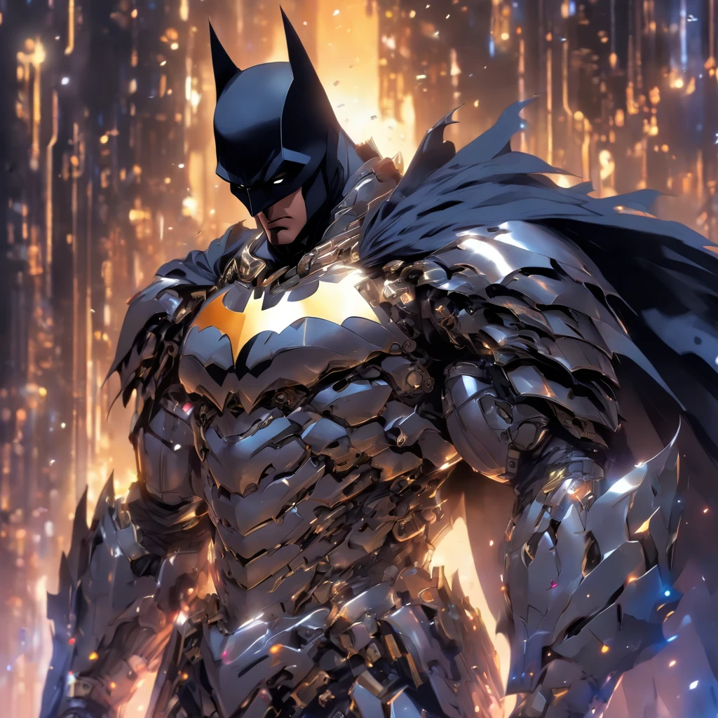 batman in armor with a sword and a cape on his shoulders, intricate assassin mecha armor, elegant smooth silver armor, sleek smooth white plated armor, silver cyber armor, gold and silver armour suit, shiny silver metal armor, arasaka mech, white plated armor, god king of ai art, silver and gold heavy armor, shiny metal armor, white metallic armor