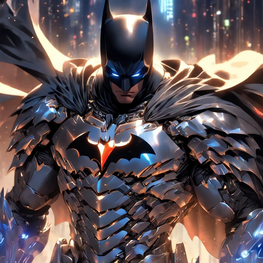 batman in armor with a sword and a cape on his shoulders, intricate assassin mecha armor, elegant smooth silver armor, sleek smooth white plated armor, silver cyber armor, gold and silver armour suit, shiny silver metal armor, arasaka mech, white plated armor, god king of ai art, silver and gold heavy armor, shiny metal armor, white metallic armor