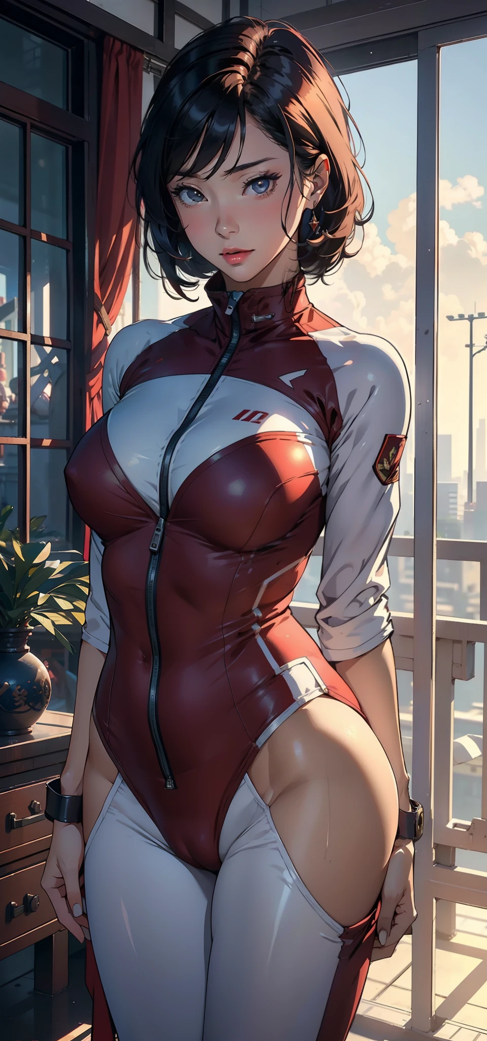 1female,41 years old,熟妇,A MILF,mature,plumw,extremely large bosom ,Pornographic exposure, 独奏,(Background with:stadio) She has short black hair,bobo head,Station,seen from the front, hair straight, mostly cloudy sky,(((tmasterpiece),(Very detailed CG unity 8K wallpaper),best qualtiy,cinmatic lighting,detailed back ground,beatiful detailed eyes,Bright pupils,(Very fine and beautiful),(Beautiful and detailed eye description),ultra - detailed,tmasterpiece,)),facing at camera,A high resolution,ultra - detailed),revealing breasts,Bare genitalia, Bulge,legs are open,Raised sexy,Camel toes,Flushed complexion,Open-mouthed,frontage,Chinese Air Force,Aviator,(Wearing:Track and field suits,White pantyhose,Blue and red color scheme)on cheongsam