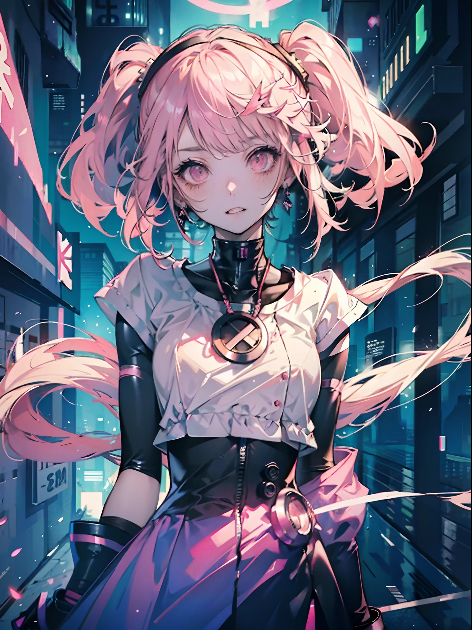 Beautiful woman pink twin tail long hair、cyberpunk style short clothes、gazing at viewer、front facing、