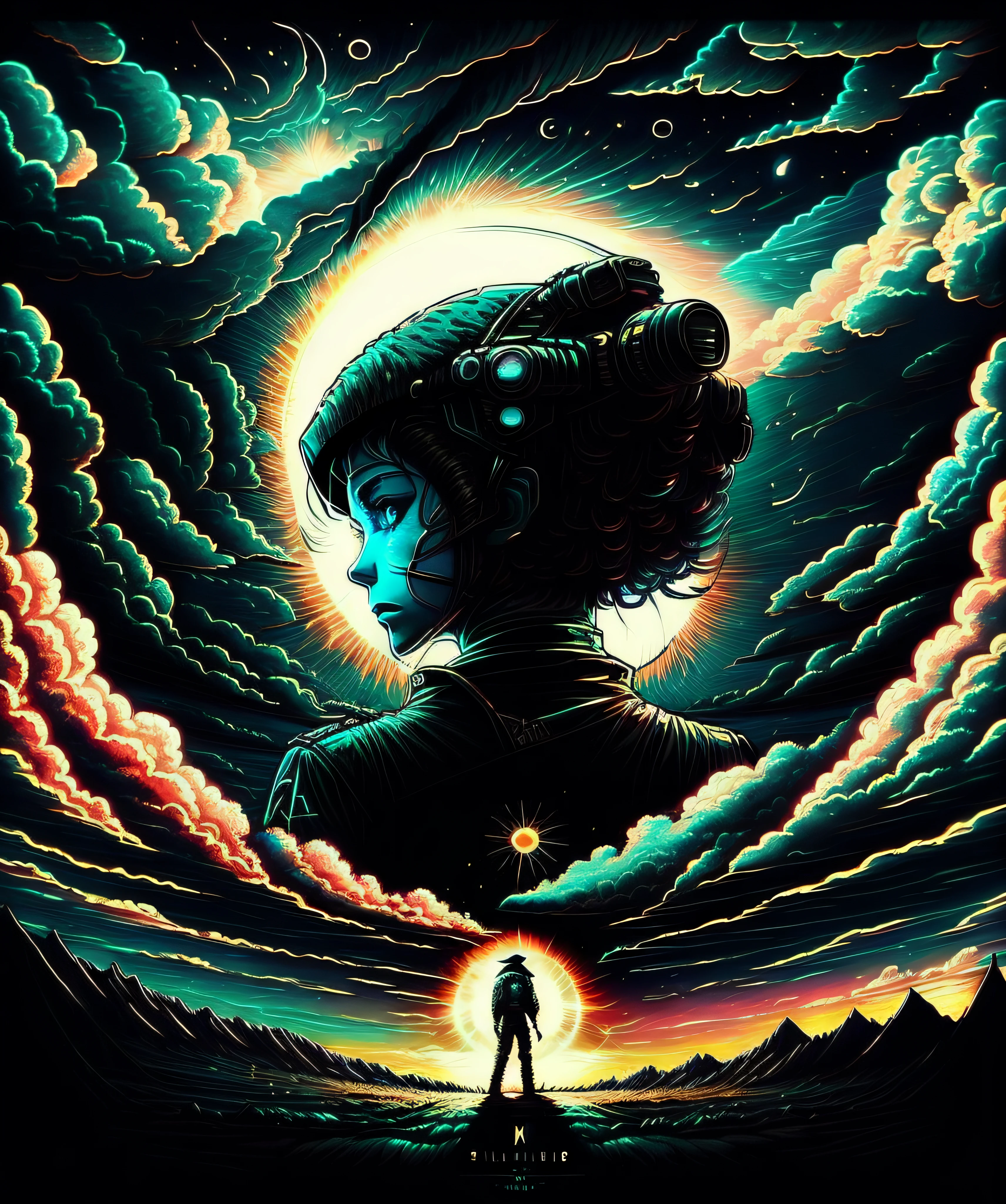 The sky background of the solar eclipse, one standing in the center of the canvas, looking up, black windbreaker, black mecha,