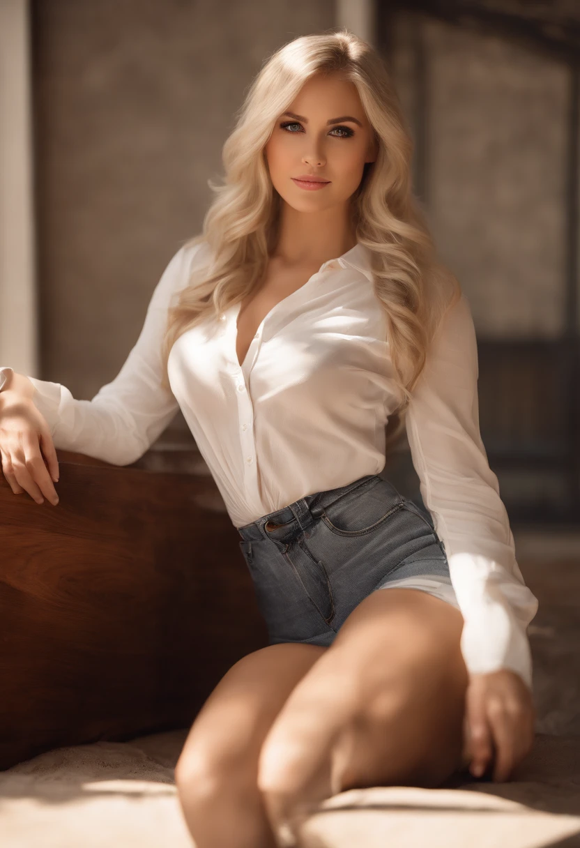 professional, (4k photo:1.1) by (Jeremy Lipking:0.3), (Dittmann Anna:0.3), (Arian Mark:0.3), (Sharp focus:1.3), high detail, wearing (lowcut shirt:1.2), beautiful detailed face, hazel eyes, long brown hair, (attractive young woman:1.3), (seductive:1.1), (blushing:1.1), hourglass body shape, large round big breasts, wide thicc hips, blonde goddess, tight outfit, tight attire, smiling seductively, pretty face, perfect white haired girl, satisfied pose, cute seductive smile, beautiful blonde girl, good young girl, beautiful angle, attractive pose, cute girl, sexy pose, a gorgeous blonde, full body picture, full body, full body shoot, wearing white skirt and boots, with lingerie white.