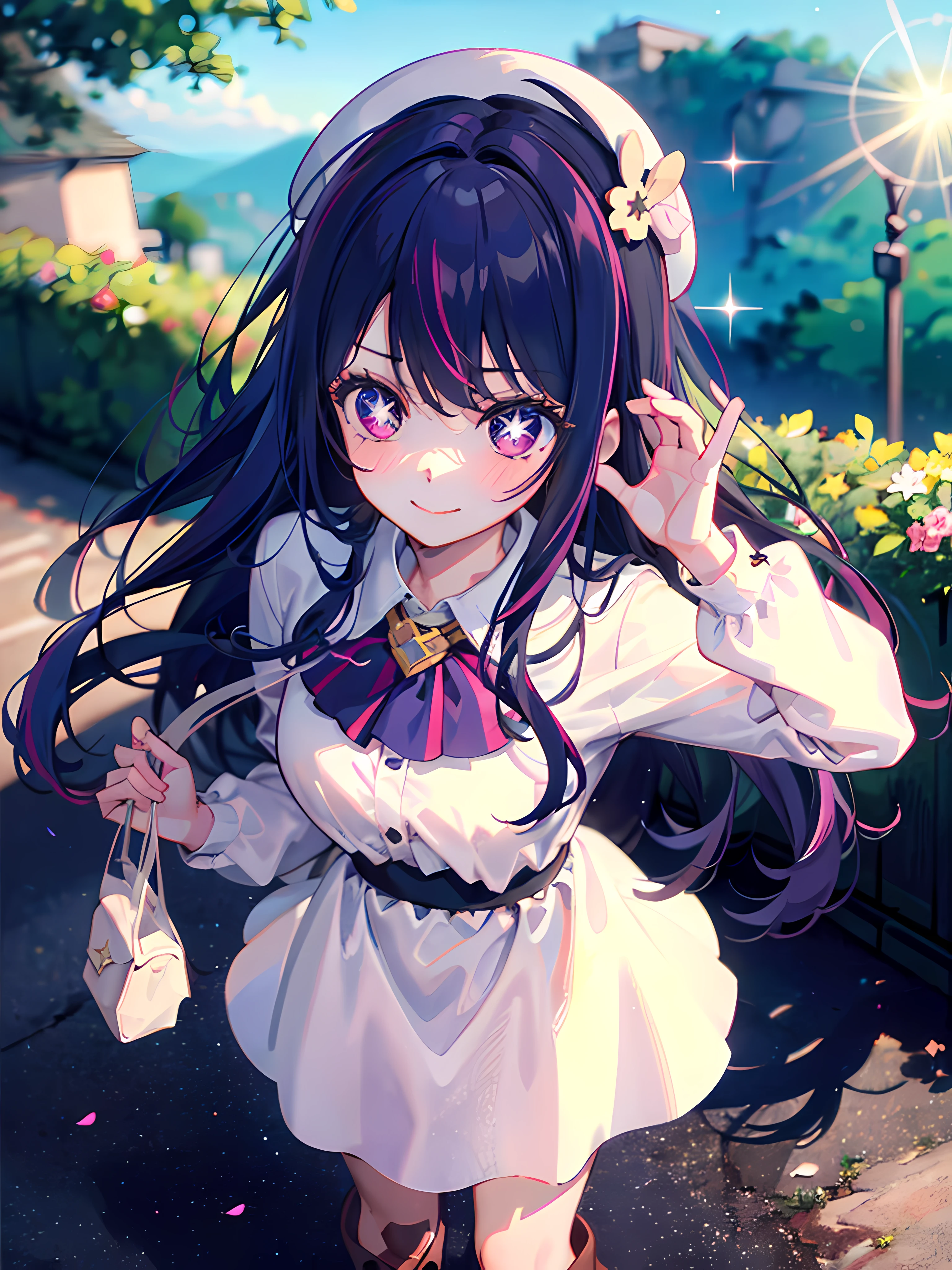 1 girl,(Ai Hoshino, Long hair, Purple hair, Striped hair ,Purple eyes, Star-shaped pupils, hair adornments) ,(Masterpiece, Best quality), (fine detailed beautiful eyes), (finely detailed eyes and detailed face), (scenery), (Extremely detailed CG, Ultra-detailed, Best shadow), Beautiful concept illustration, (illustration), (Extremely fine and beautiful), (Perfect details), Sitting, 1 cute girl, Solo, Smile, Nice hat, Nice dress, Collared shirt, Black boots, Long sleeves, White headwear, Nice bag, beret, Blush, Outdoors, (Depth of field), Blurry, blurryforeground, Bokeh, danmaku, Depth of field, Lens flare, Sparkle, star flash,